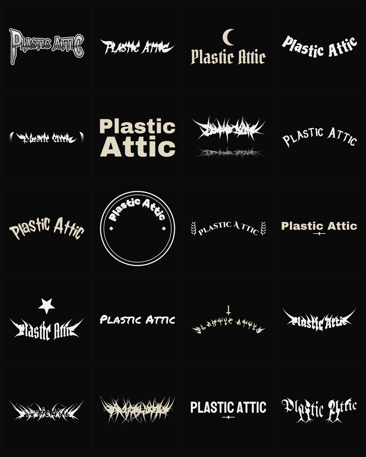 Twenty Plastic Attic band logo ideas — different faces, treatments and spike settings