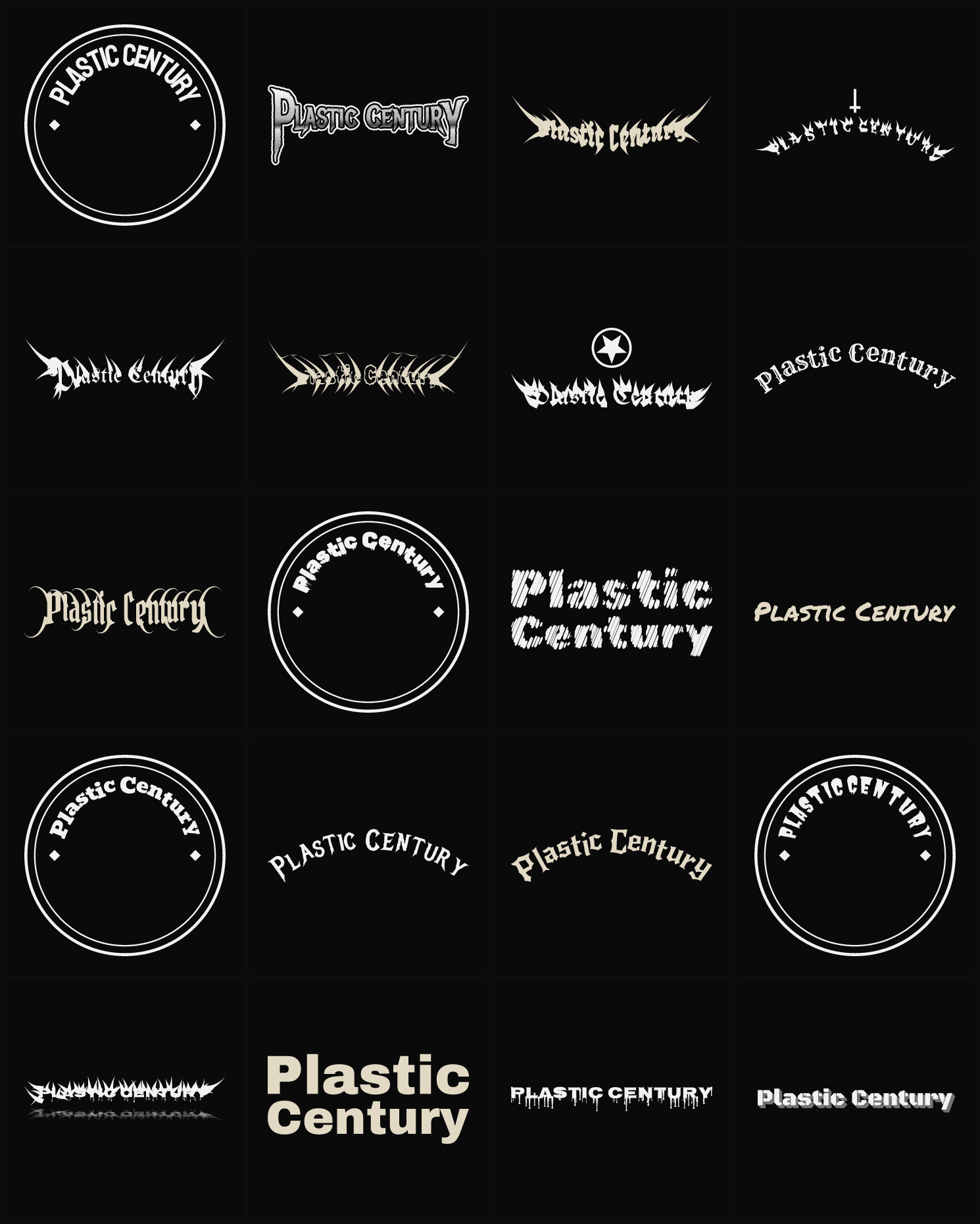 Twenty Plastic Century band logo ideas — different faces, treatments and spike settings