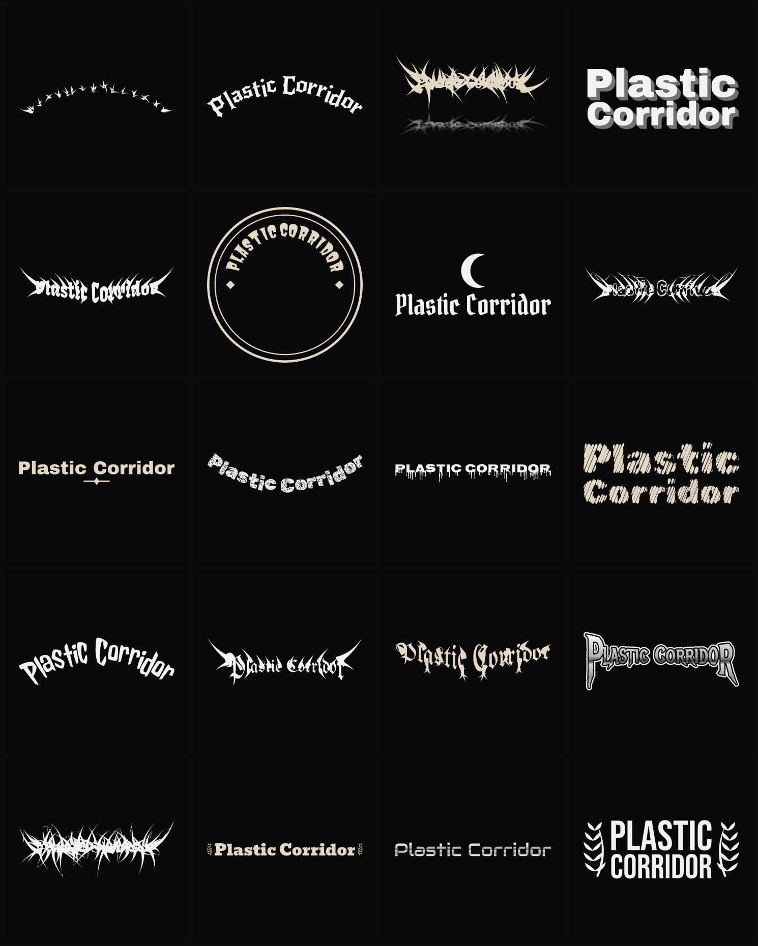 Twenty Plastic Corridor band logo ideas — different faces, treatments and spike settings