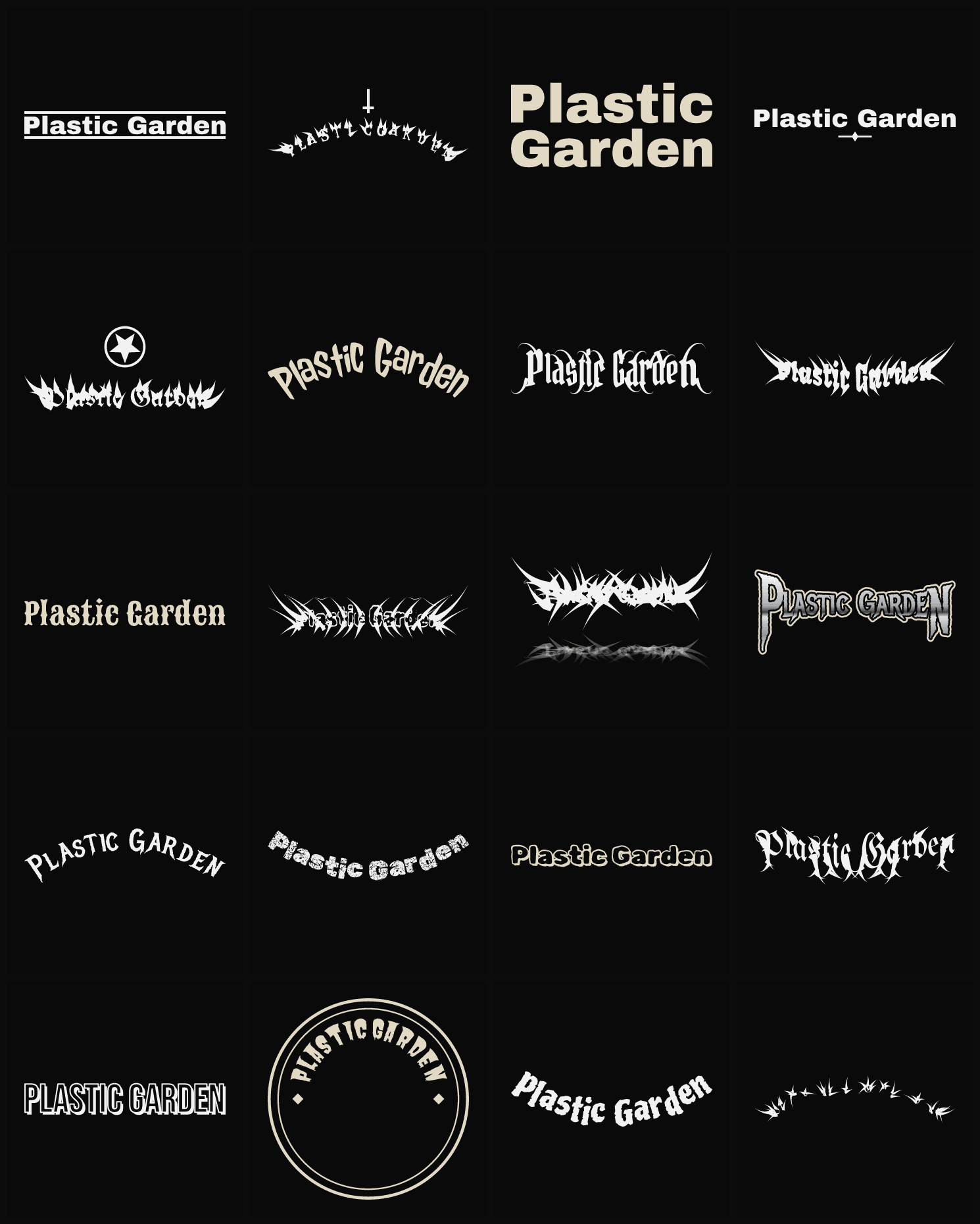Twenty Plastic Garden band logo ideas — different faces, treatments and spike settings