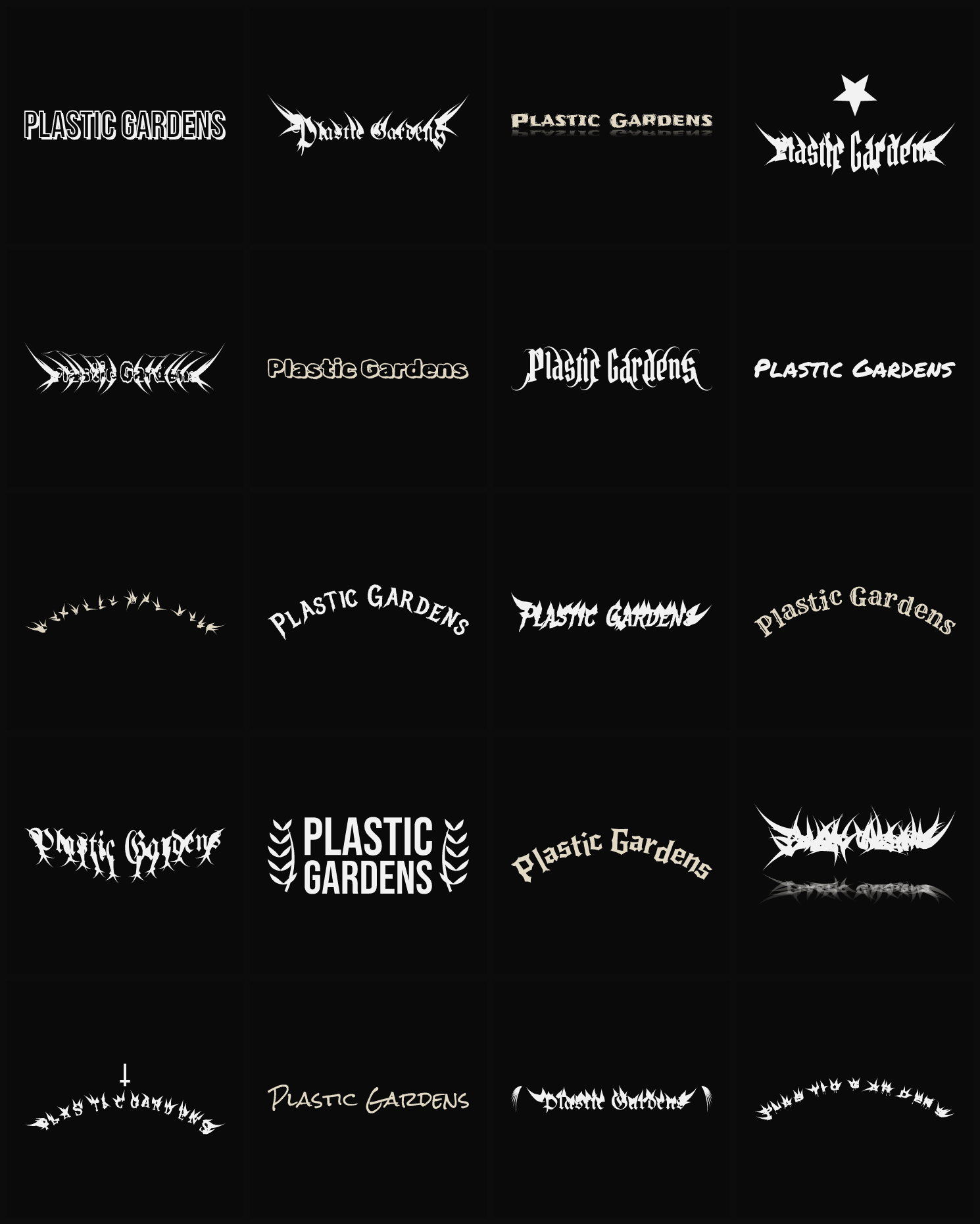Twenty Plastic Gardens band logo ideas — different faces, treatments and spike settings