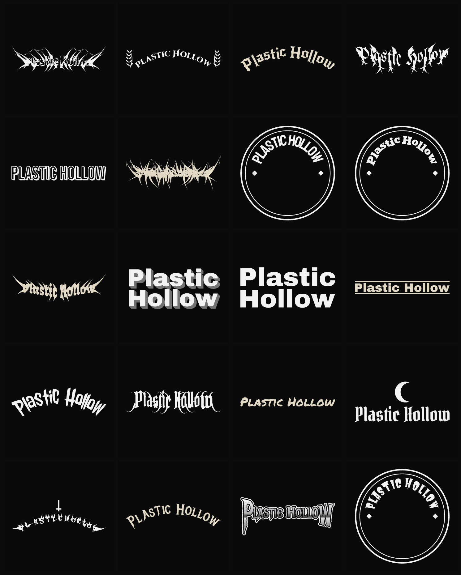 Twenty Plastic Hollow band logo ideas — different faces, treatments and spike settings