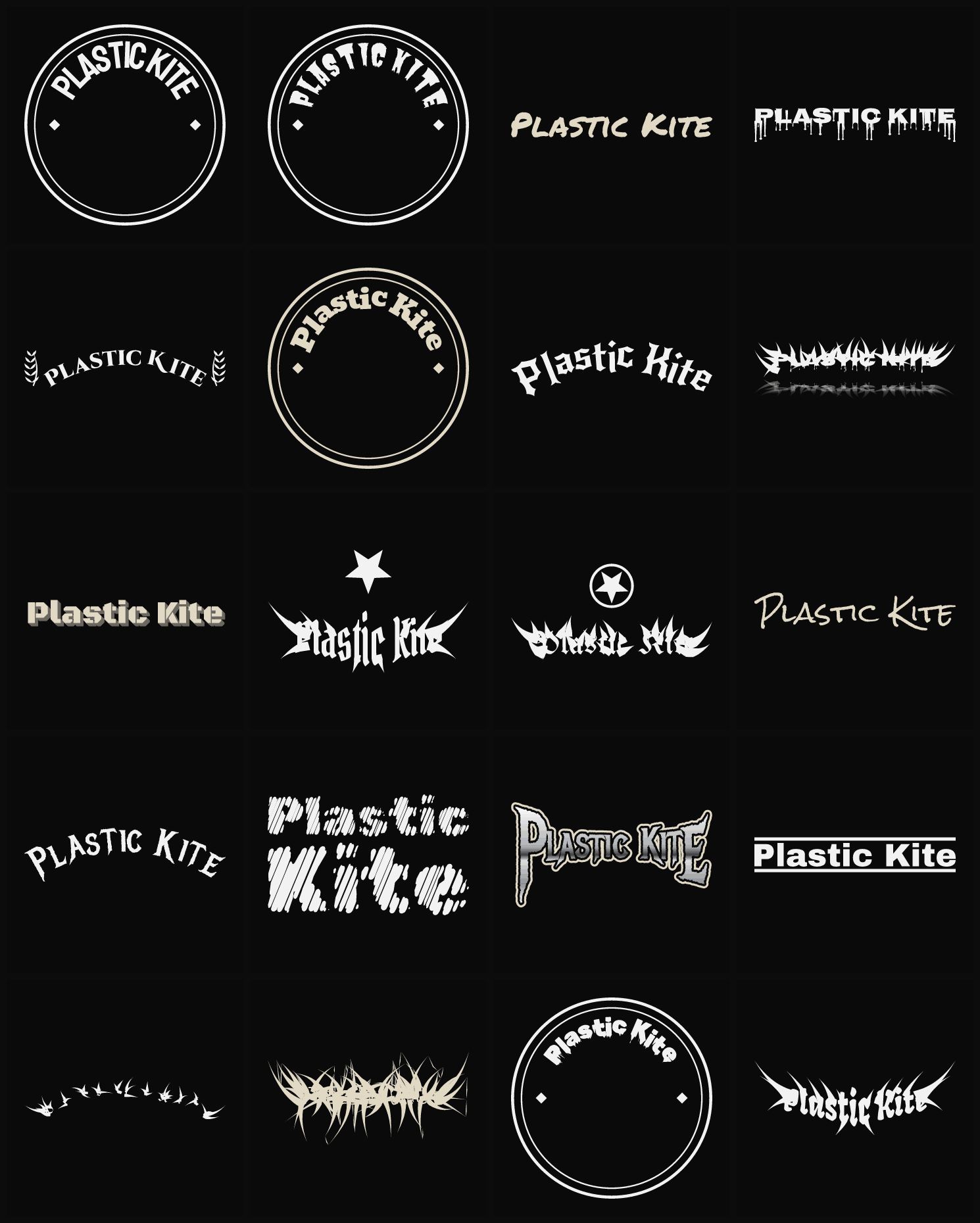 Twenty Plastic Kite band logo ideas — different faces, treatments and spike settings