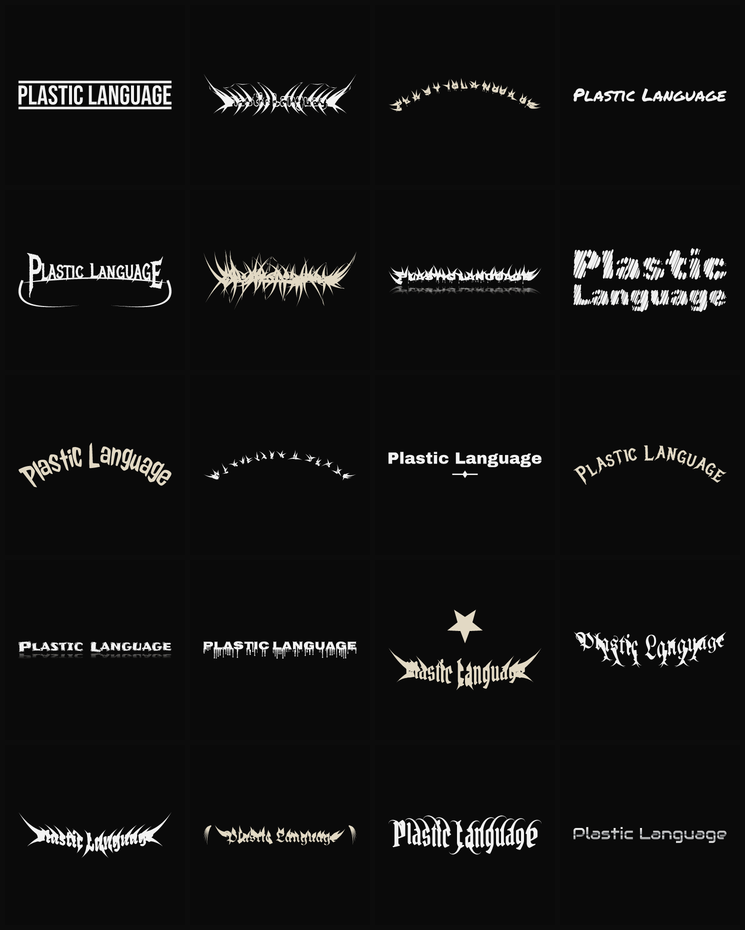 Twenty Plastic Language band logo ideas — different faces, treatments and spike settings
