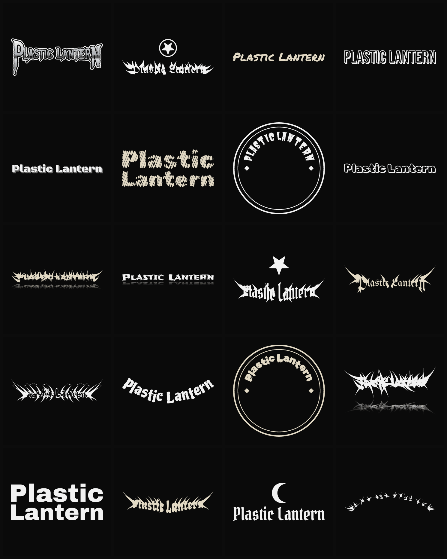 Twenty Plastic Lantern band logo ideas — different faces, treatments and spike settings
