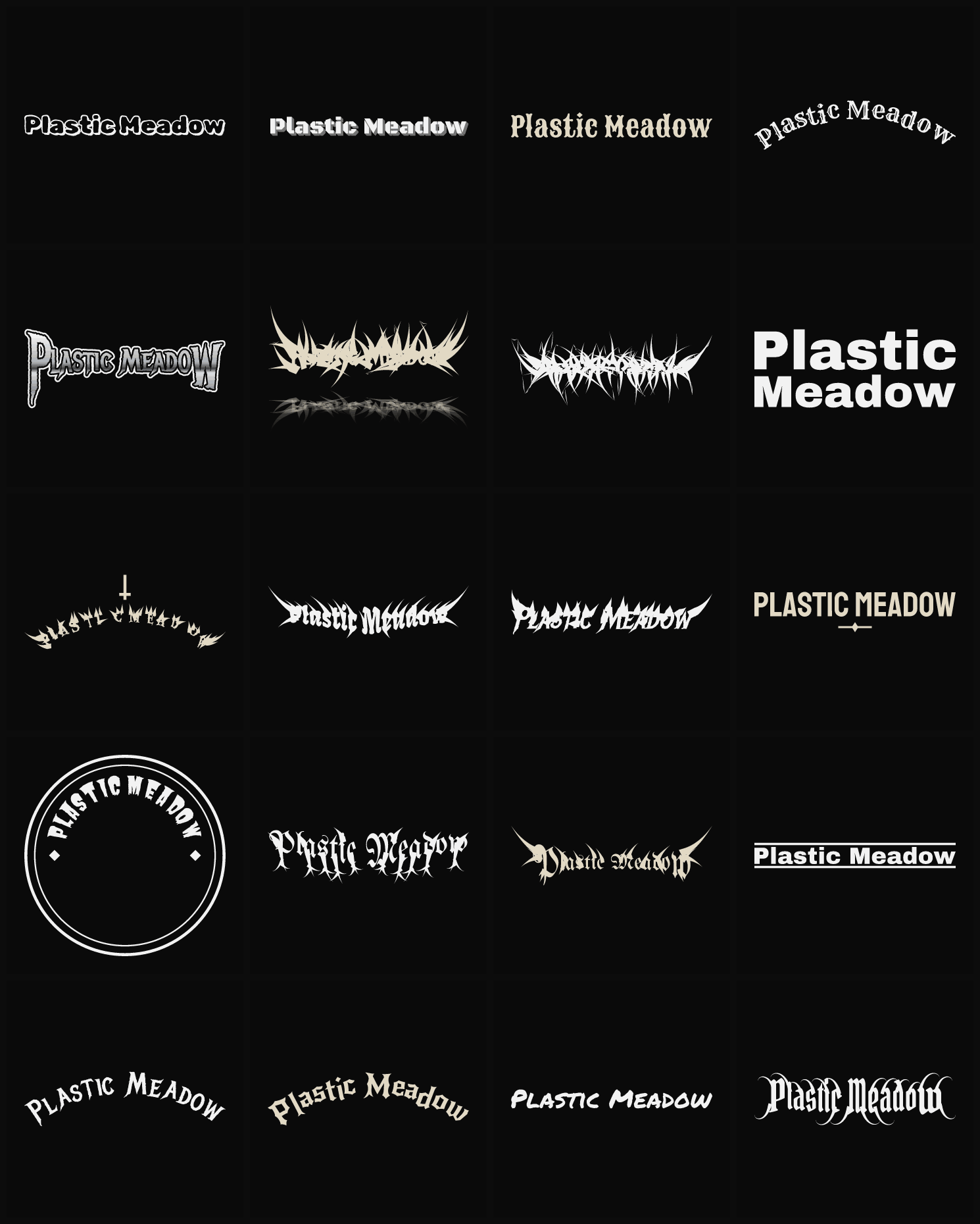Twenty Plastic Meadow band logo ideas — different faces, treatments and spike settings