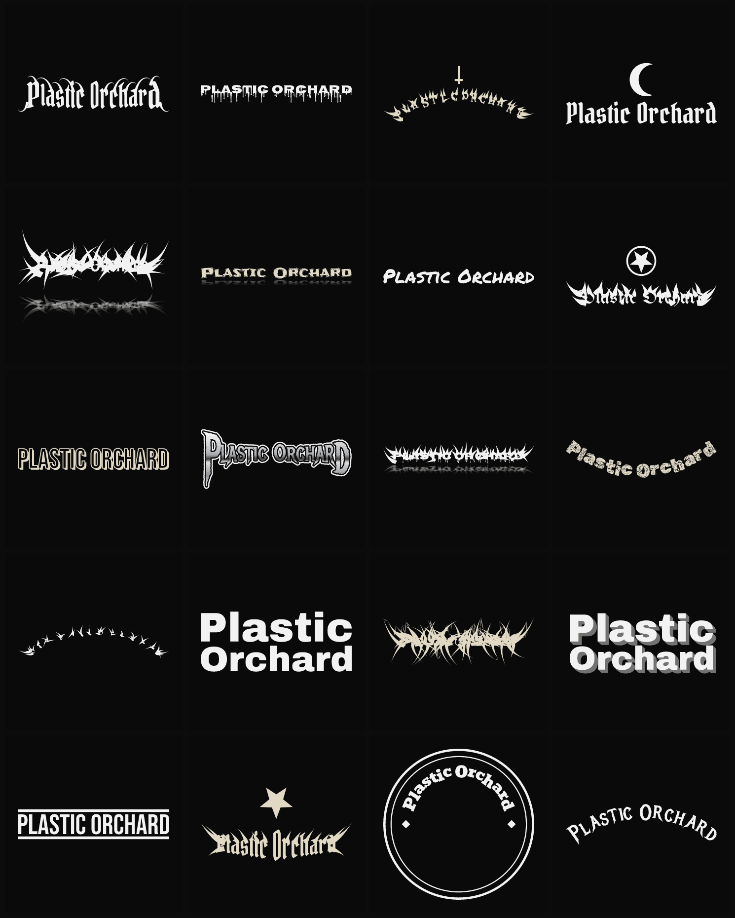 Twenty Plastic Orchard band logo ideas — different faces, treatments and spike settings