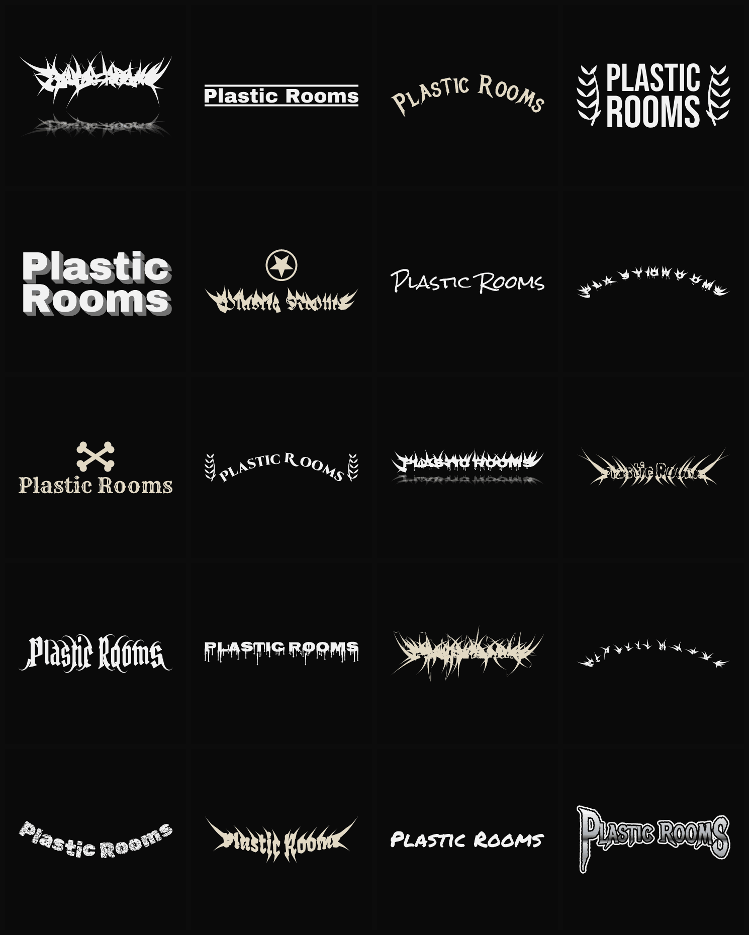 Twenty Plastic Rooms band logo ideas — different faces, treatments and spike settings