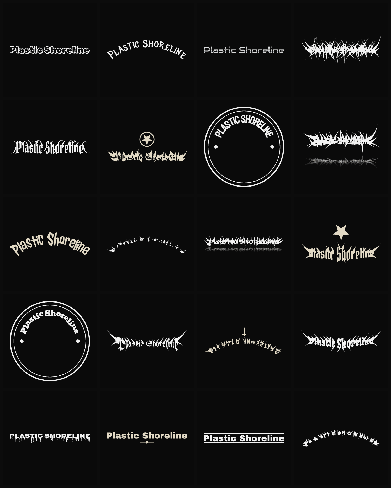 Twenty Plastic Shoreline band logo ideas — different faces, treatments and spike settings