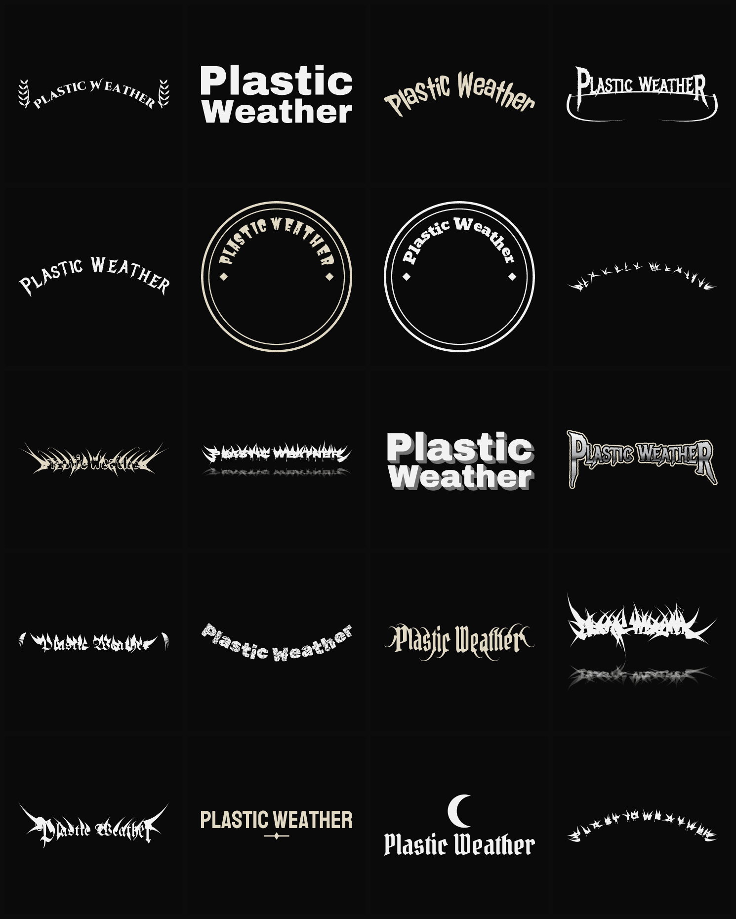 Twenty Plastic Weather band logo ideas — different faces, treatments and spike settings