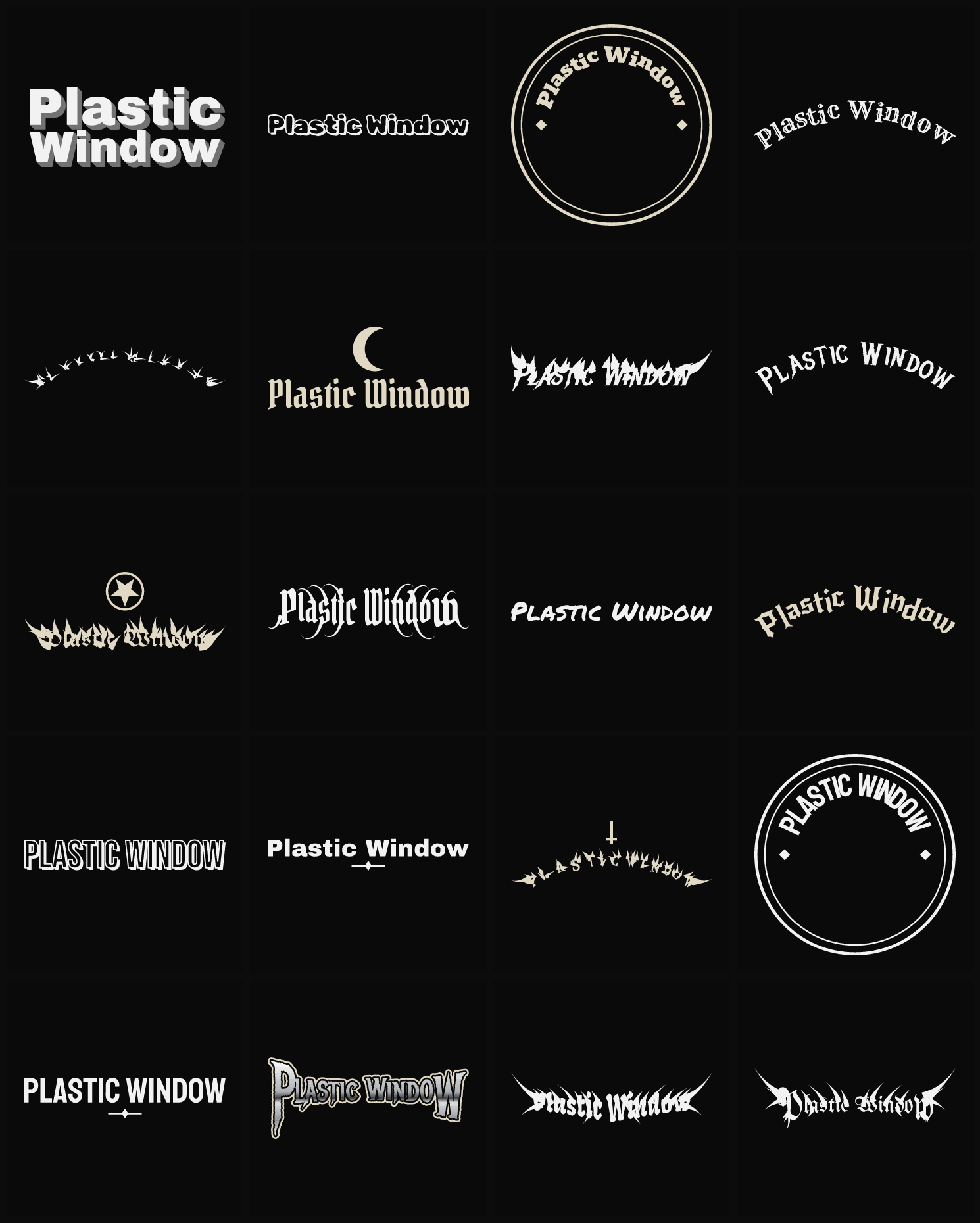 Twenty Plastic Window band logo ideas — different faces, treatments and spike settings