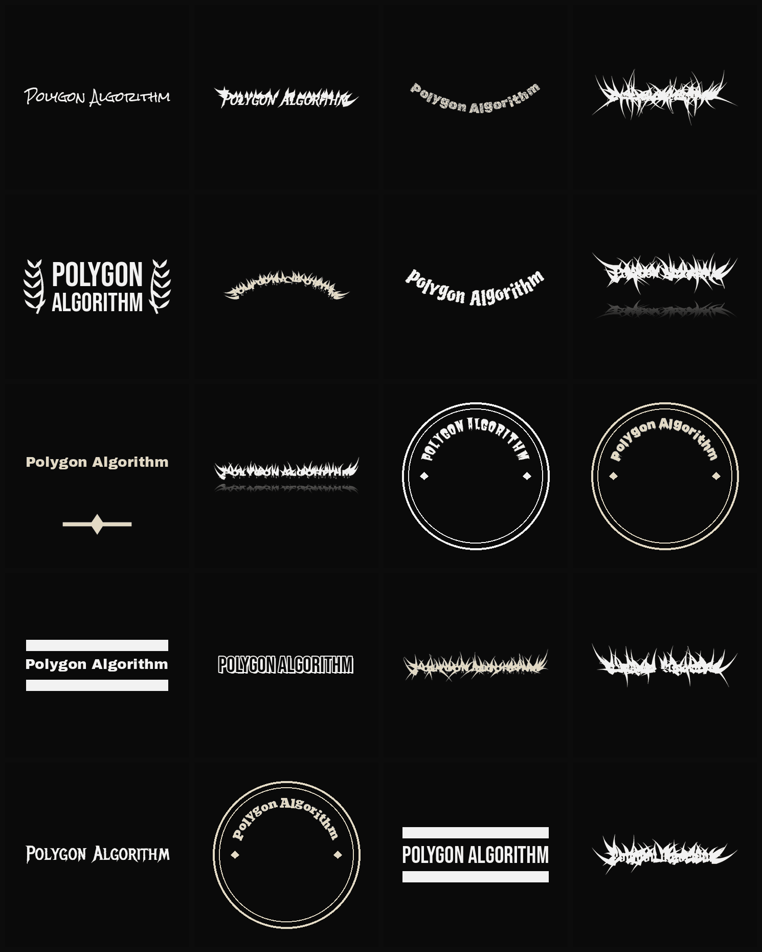 Twenty Polygon Algorithm band logo ideas — different faces, treatments and spike settings