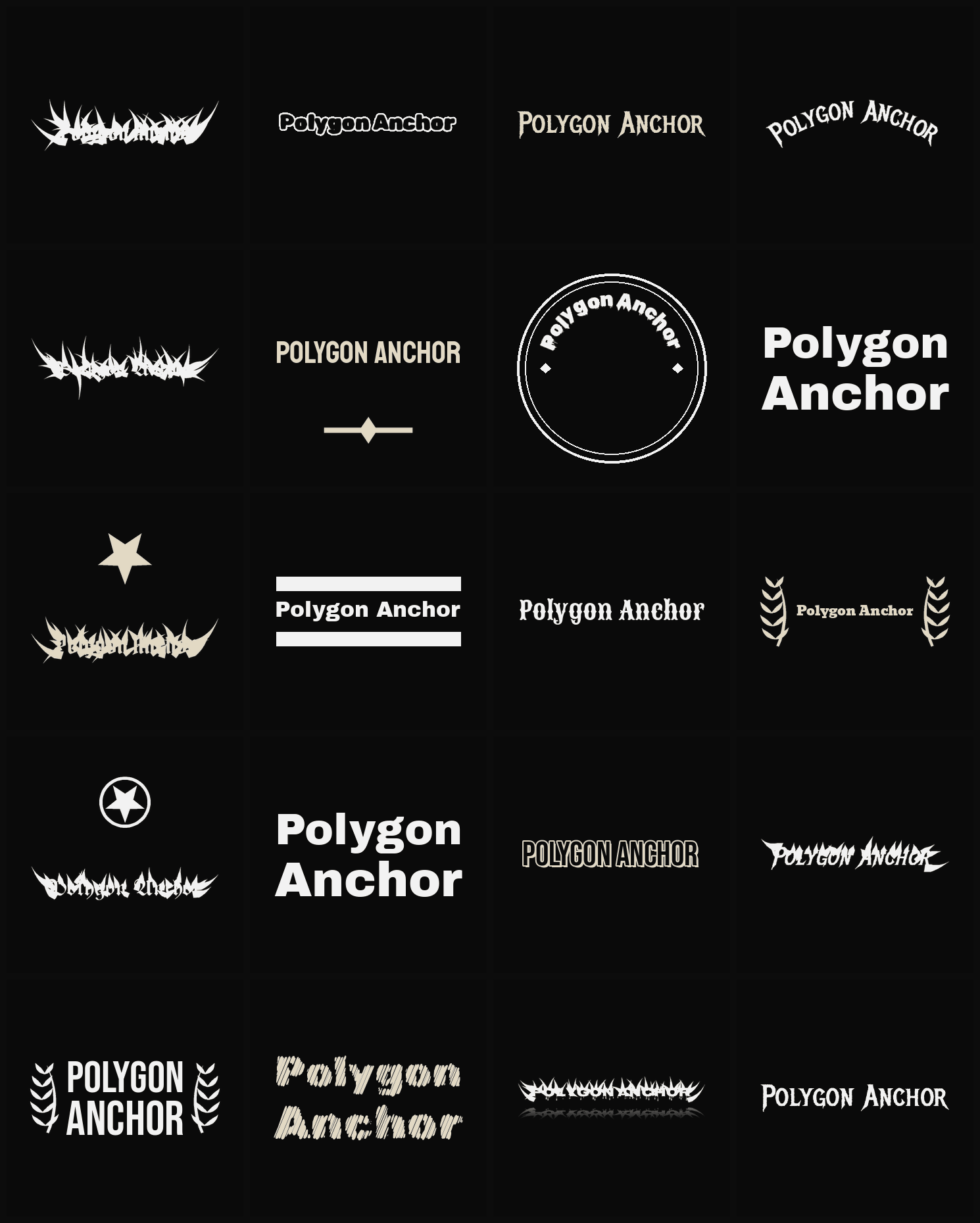 Twenty Polygon Anchor band logo ideas — different faces, treatments and spike settings