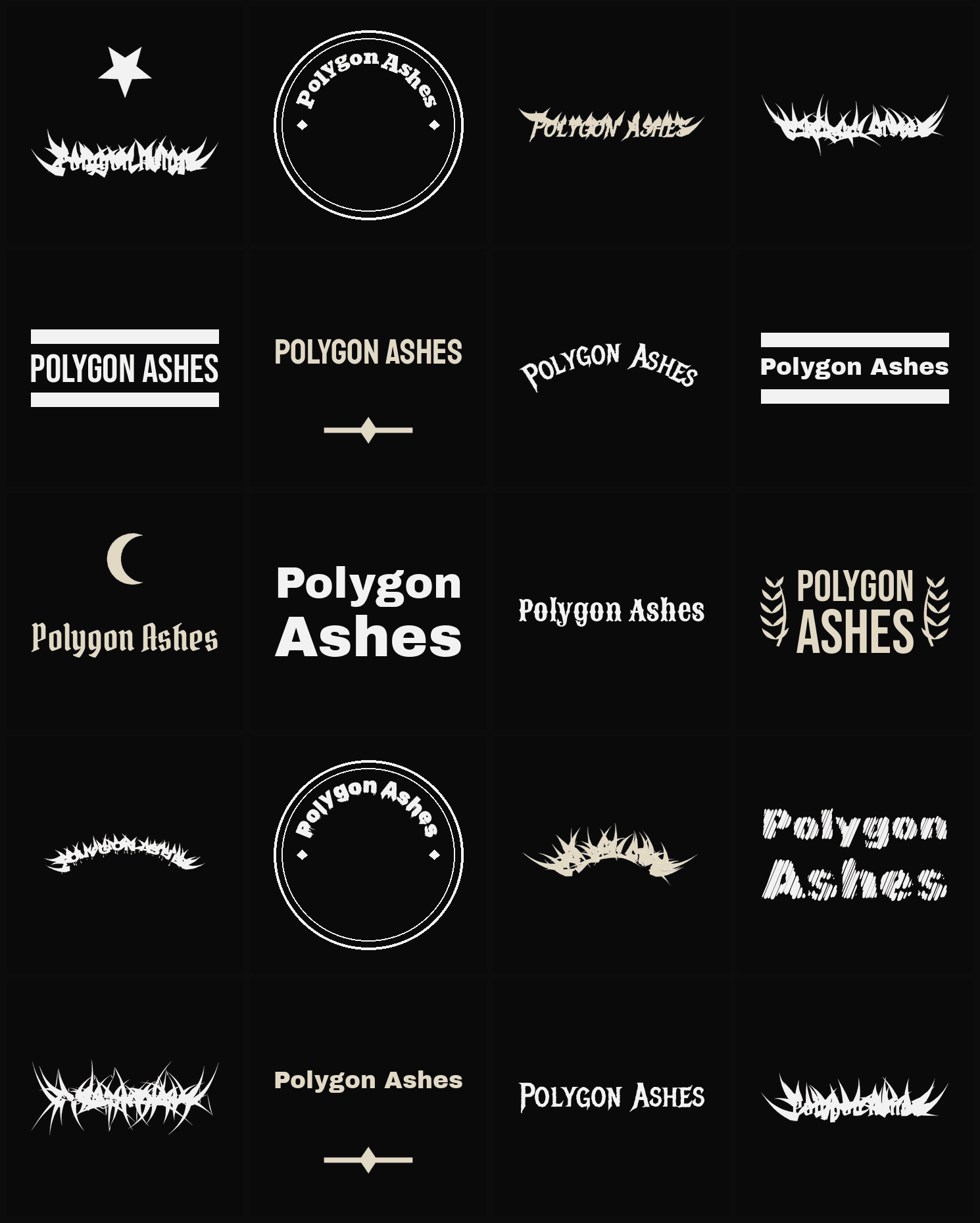 Twenty Polygon Ashes band logo ideas — different faces, treatments and spike settings