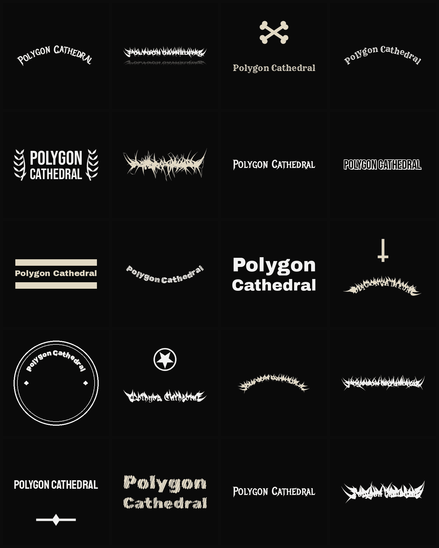 Twenty Polygon Cathedral band logo ideas — different faces, treatments and spike settings