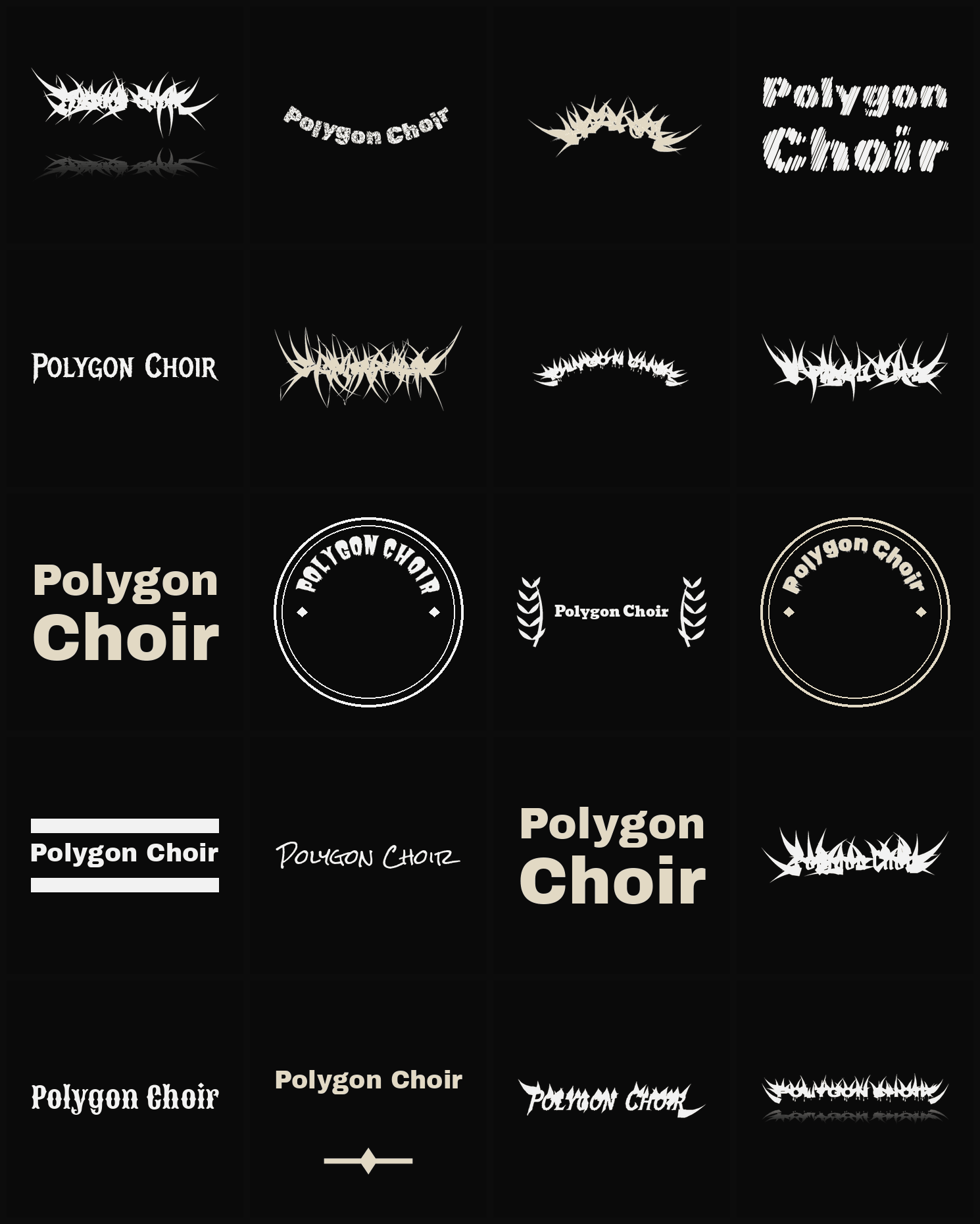 Twenty Polygon Choir band logo ideas — different faces, treatments and spike settings