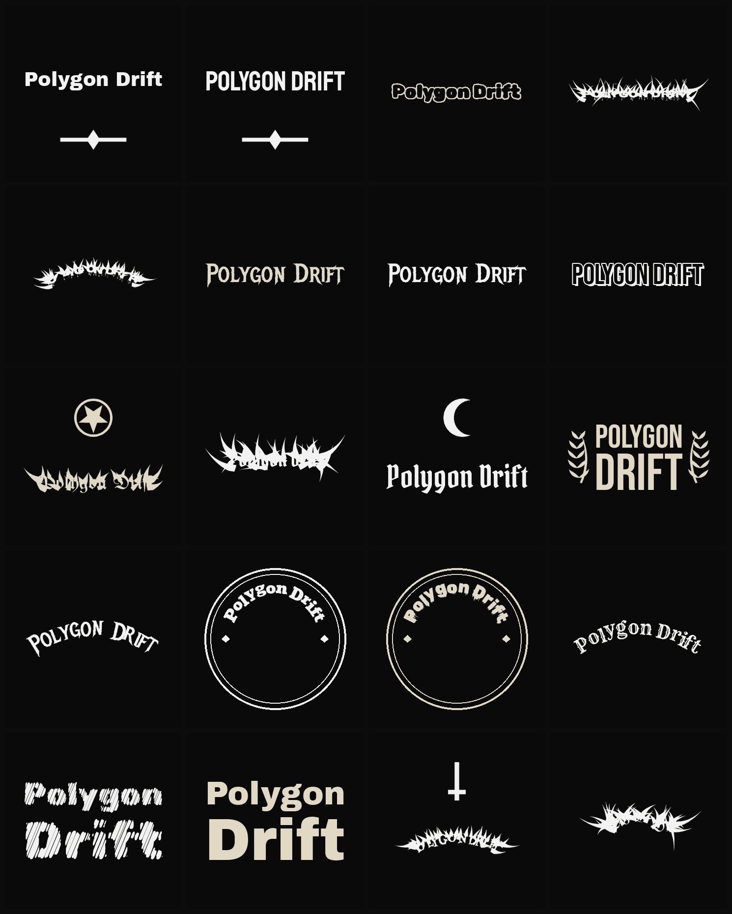 Twenty Polygon Drift band logo ideas — different faces, treatments and spike settings