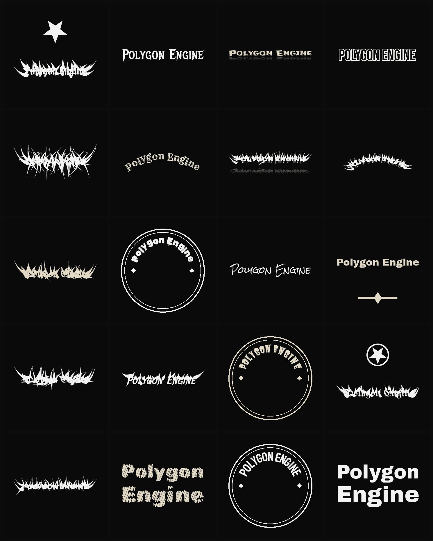 Twenty Polygon Engine band logo ideas — different faces, treatments and spike settings