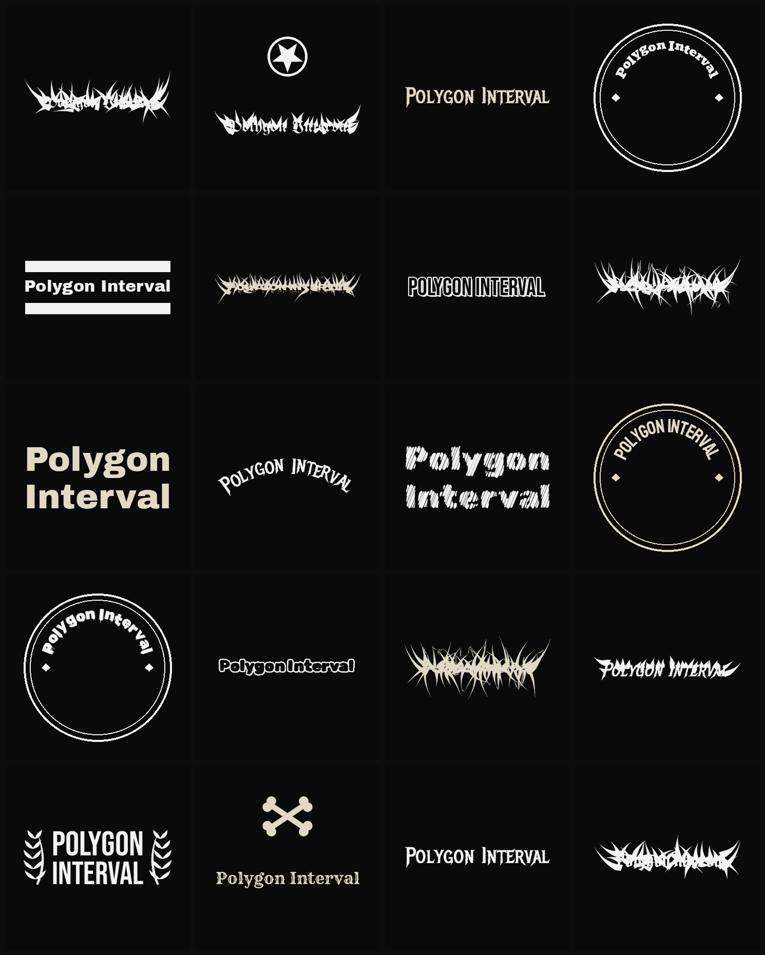 Twenty Polygon Interval band logo ideas — different faces, treatments and spike settings
