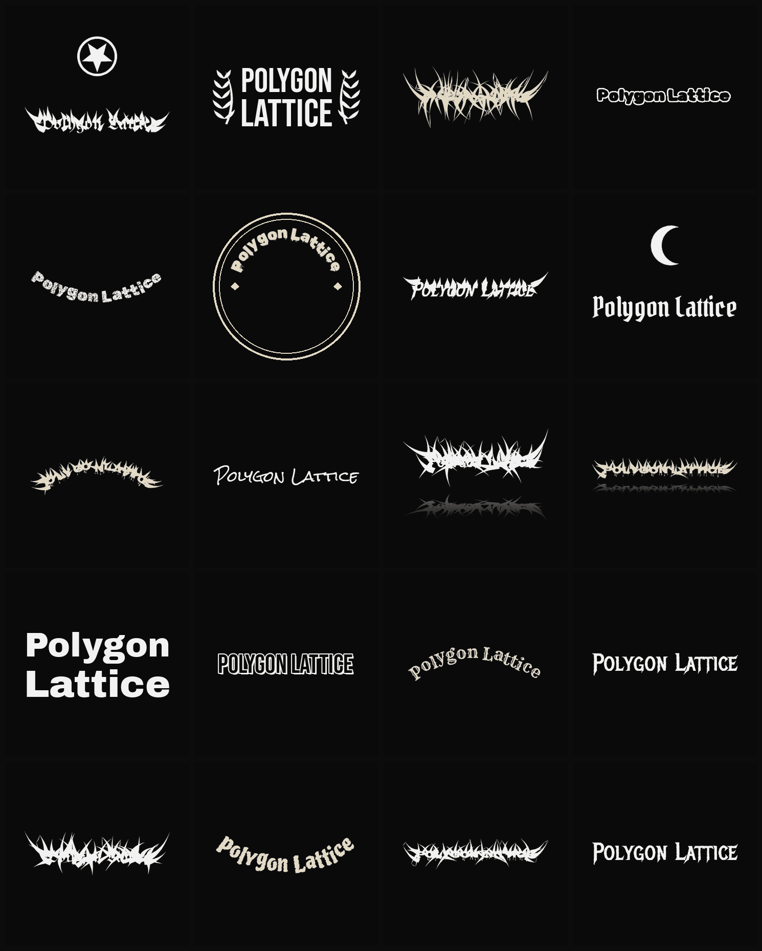 Twenty Polygon Lattice band logo ideas — different faces, treatments and spike settings