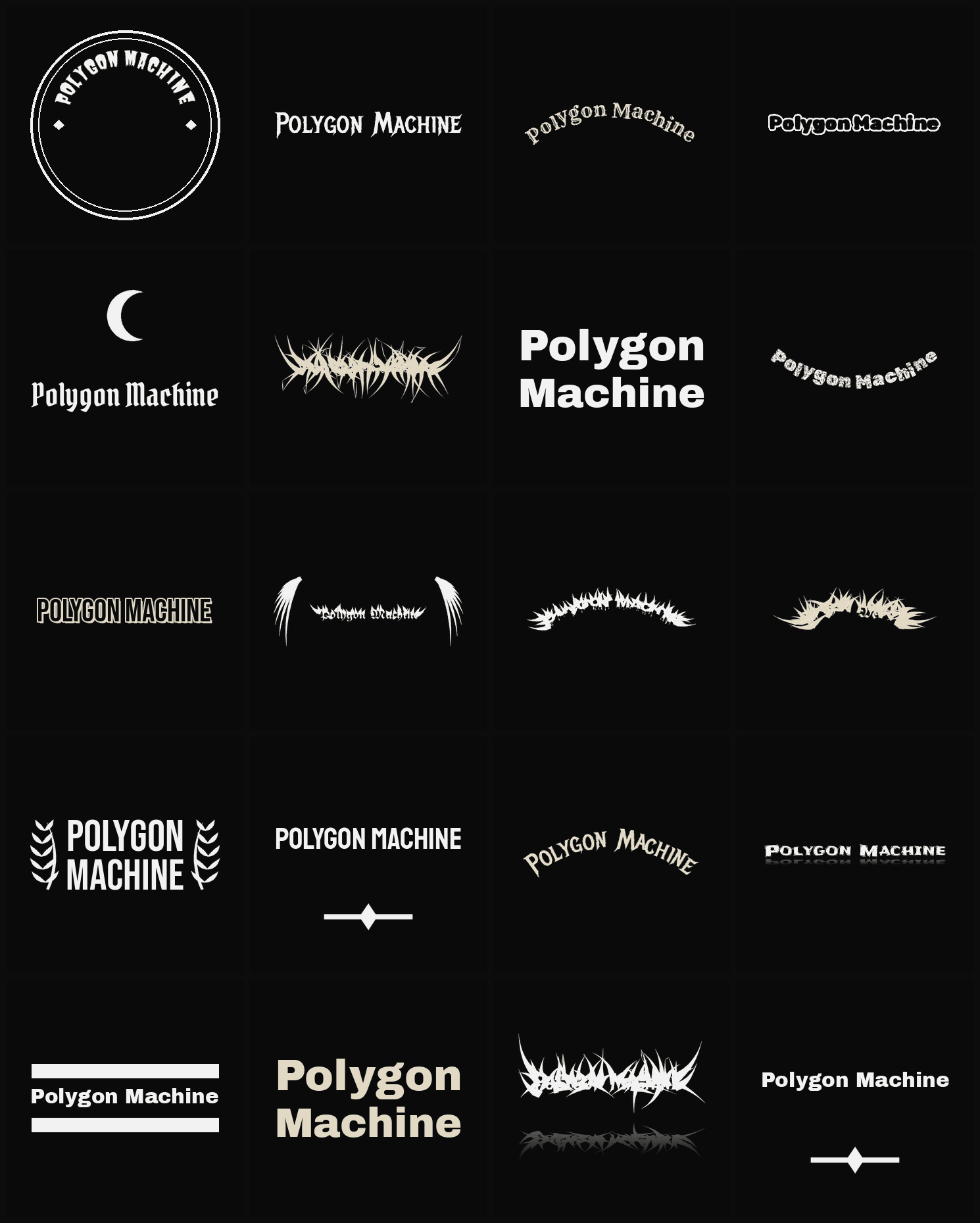Twenty Polygon Machine band logo ideas — different faces, treatments and spike settings