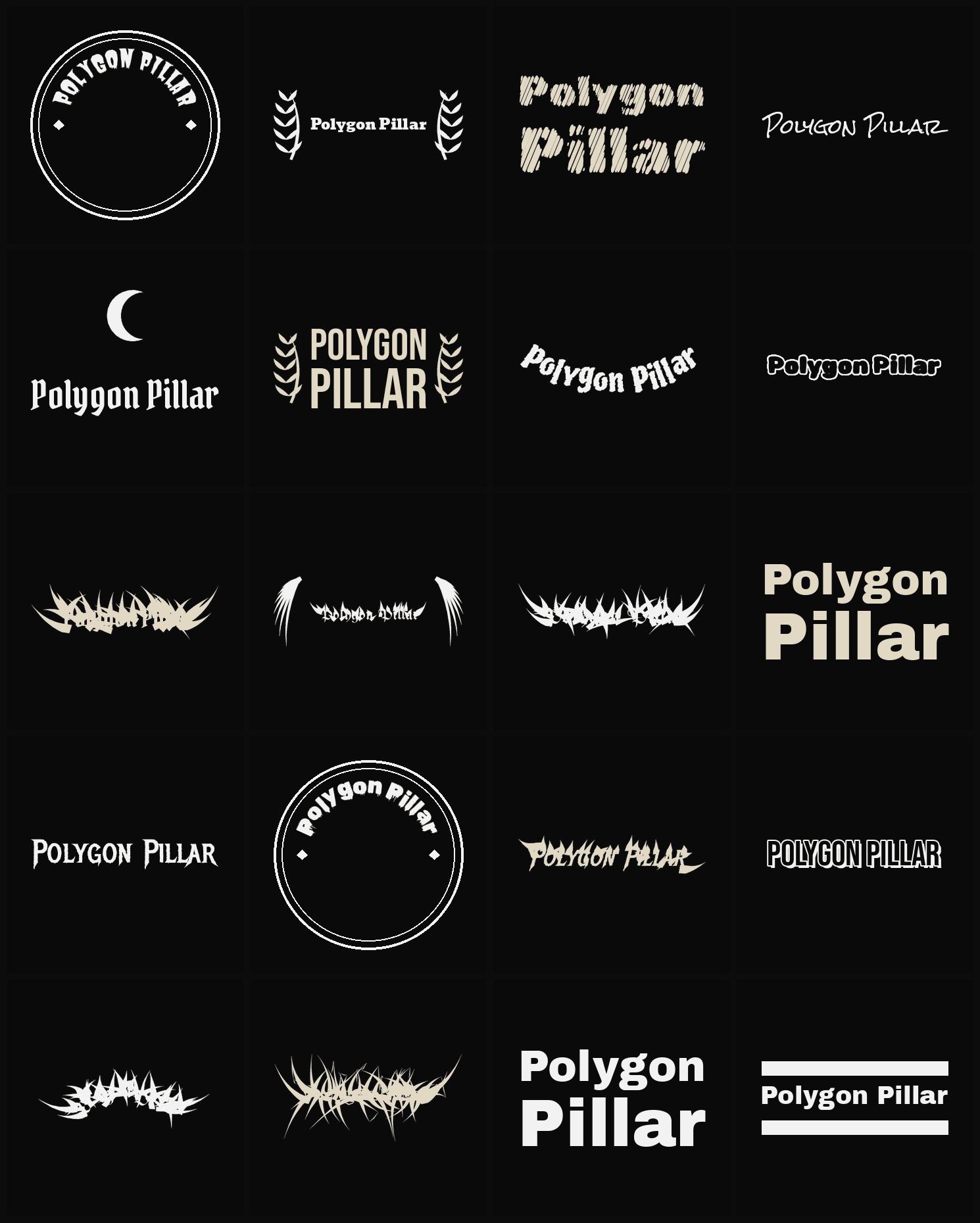 Twenty Polygon Pillar band logo ideas — different faces, treatments and spike settings