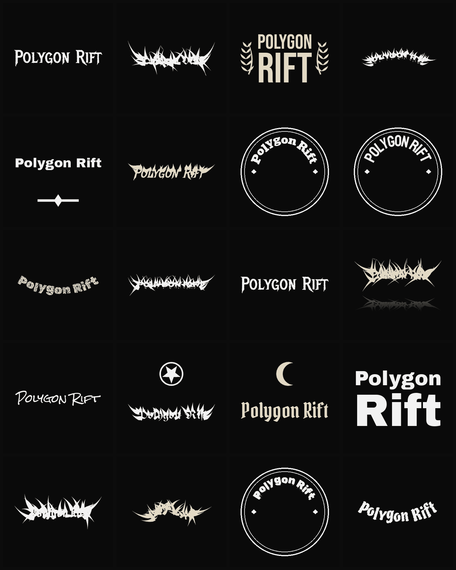 Twenty Polygon Rift band logo ideas — different faces, treatments and spike settings