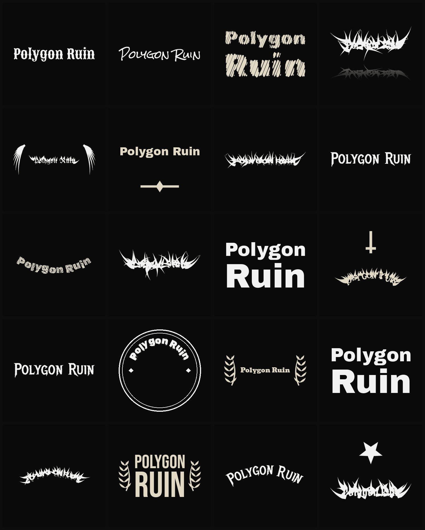 Twenty Polygon Ruin band logo ideas — different faces, treatments and spike settings
