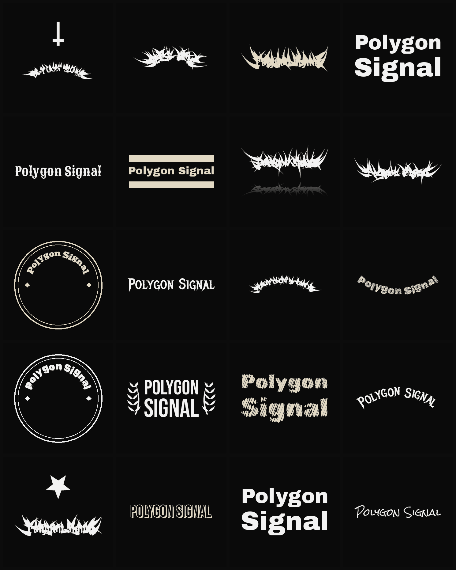 Twenty Polygon Signal band logo ideas — different faces, treatments and spike settings