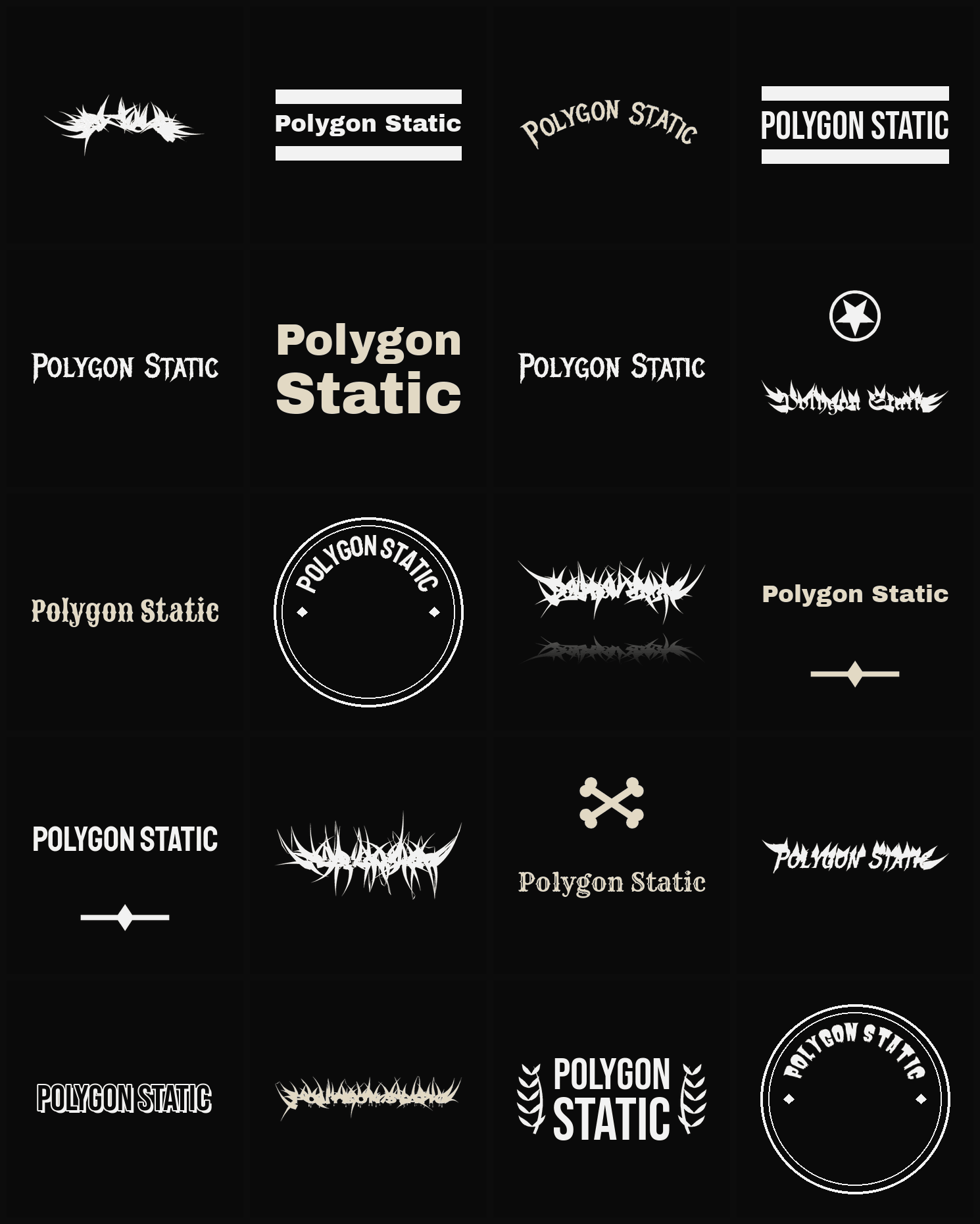 Twenty Polygon Static band logo ideas — different faces, treatments and spike settings