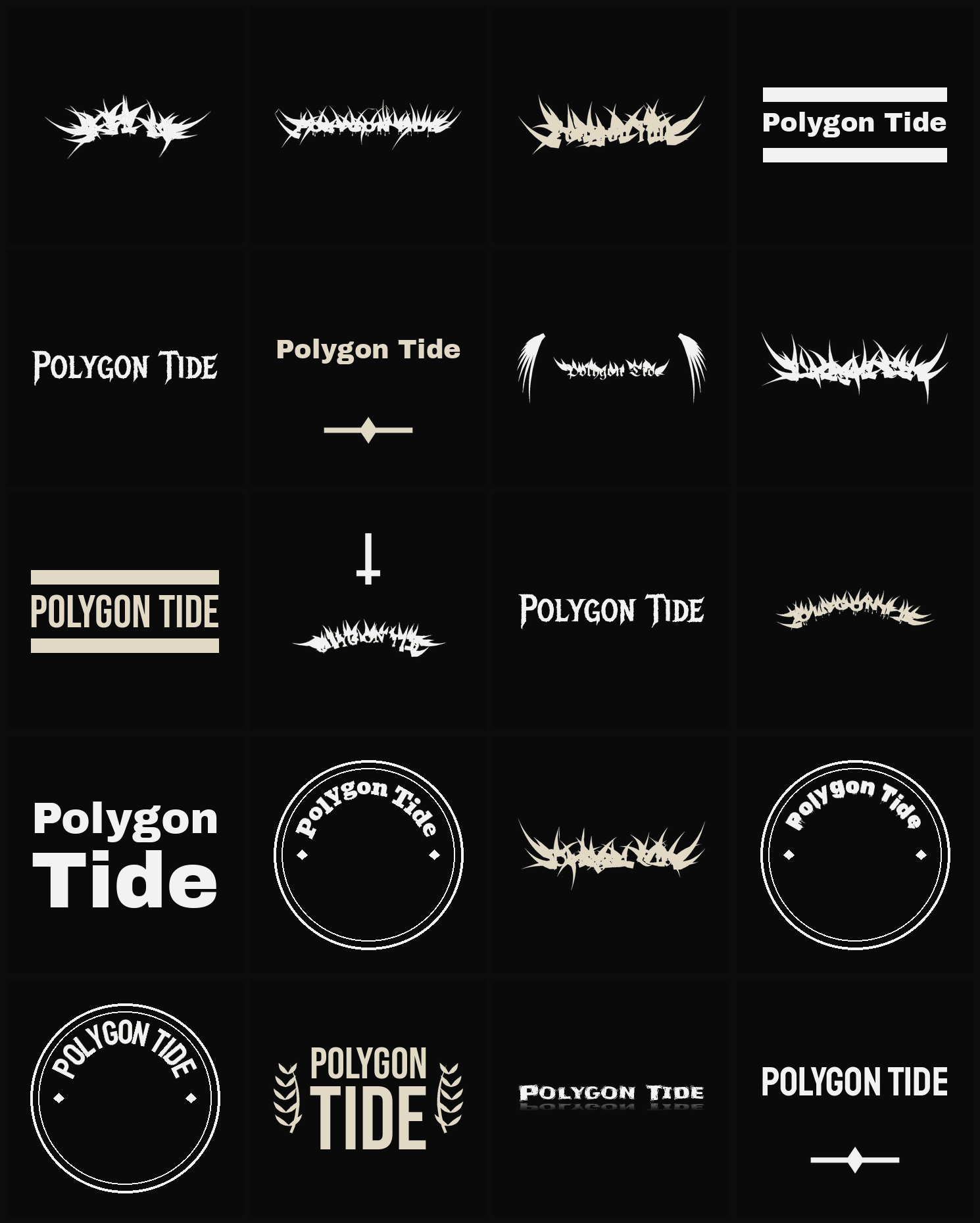 Twenty Polygon Tide band logo ideas — different faces, treatments and spike settings