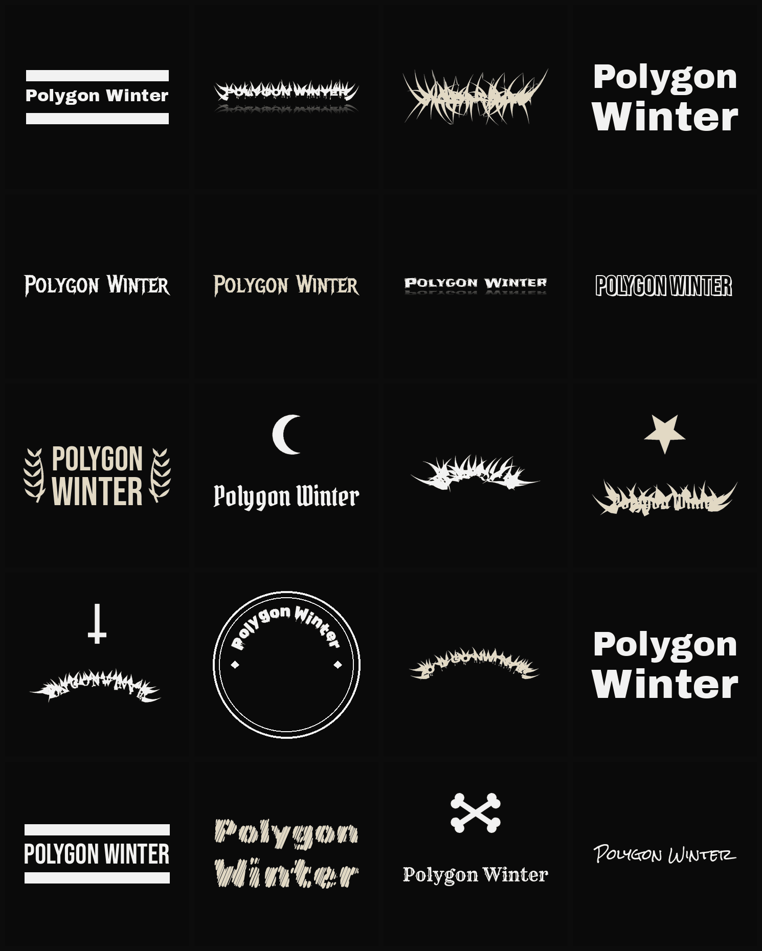 Twenty Polygon Winter band logo ideas — different faces, treatments and spike settings