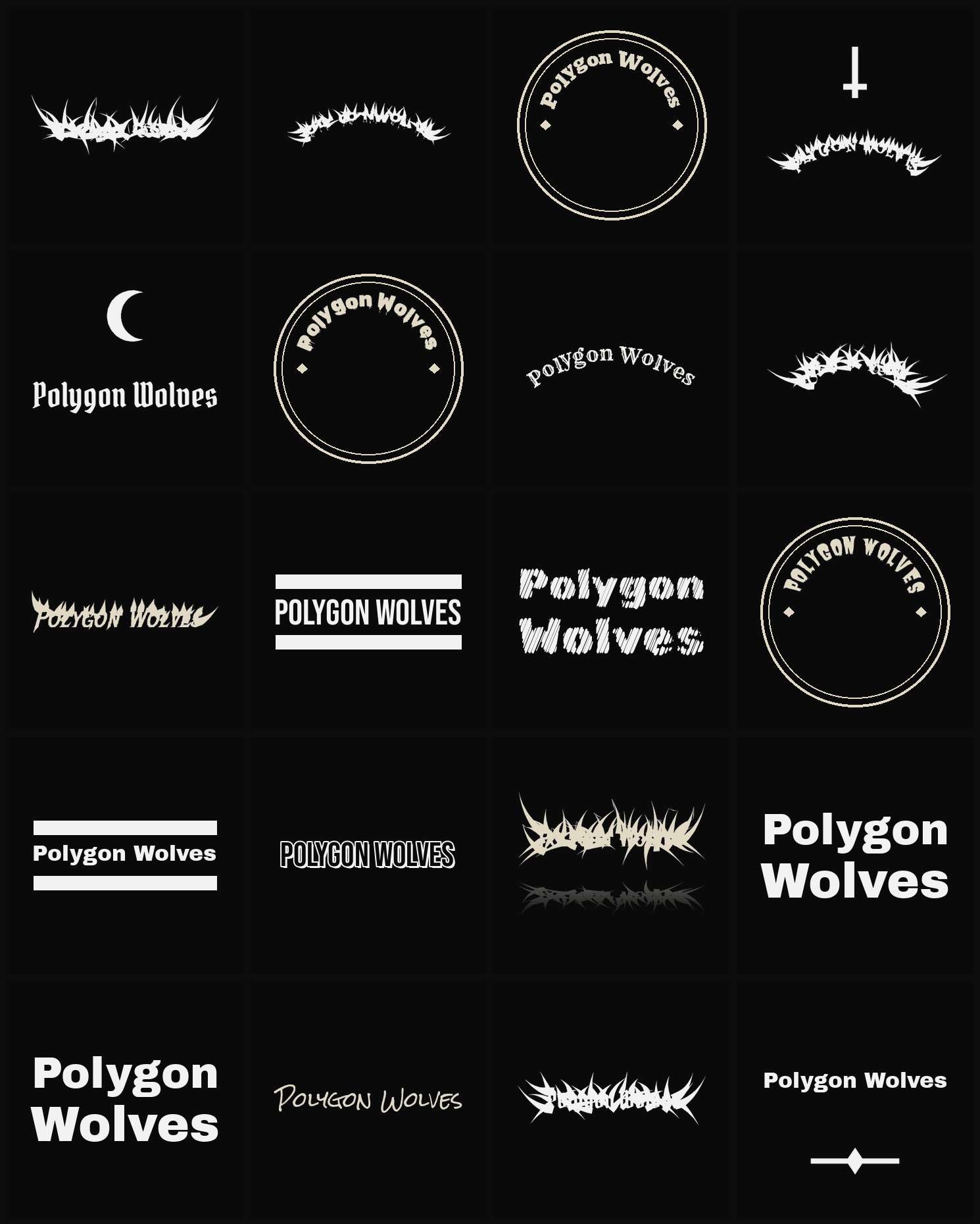 Twenty Polygon Wolves band logo ideas — different faces, treatments and spike settings
