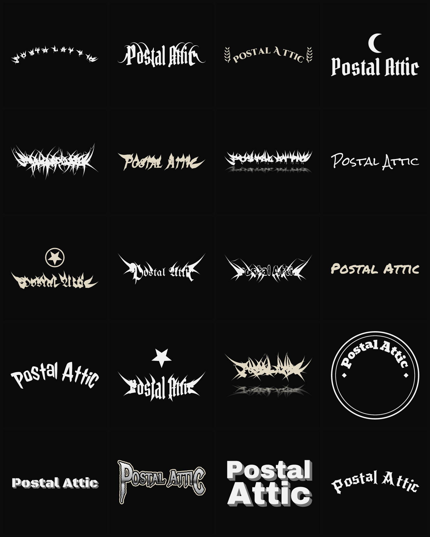 Twenty Postal Attic band logo ideas — different faces, treatments and spike settings
