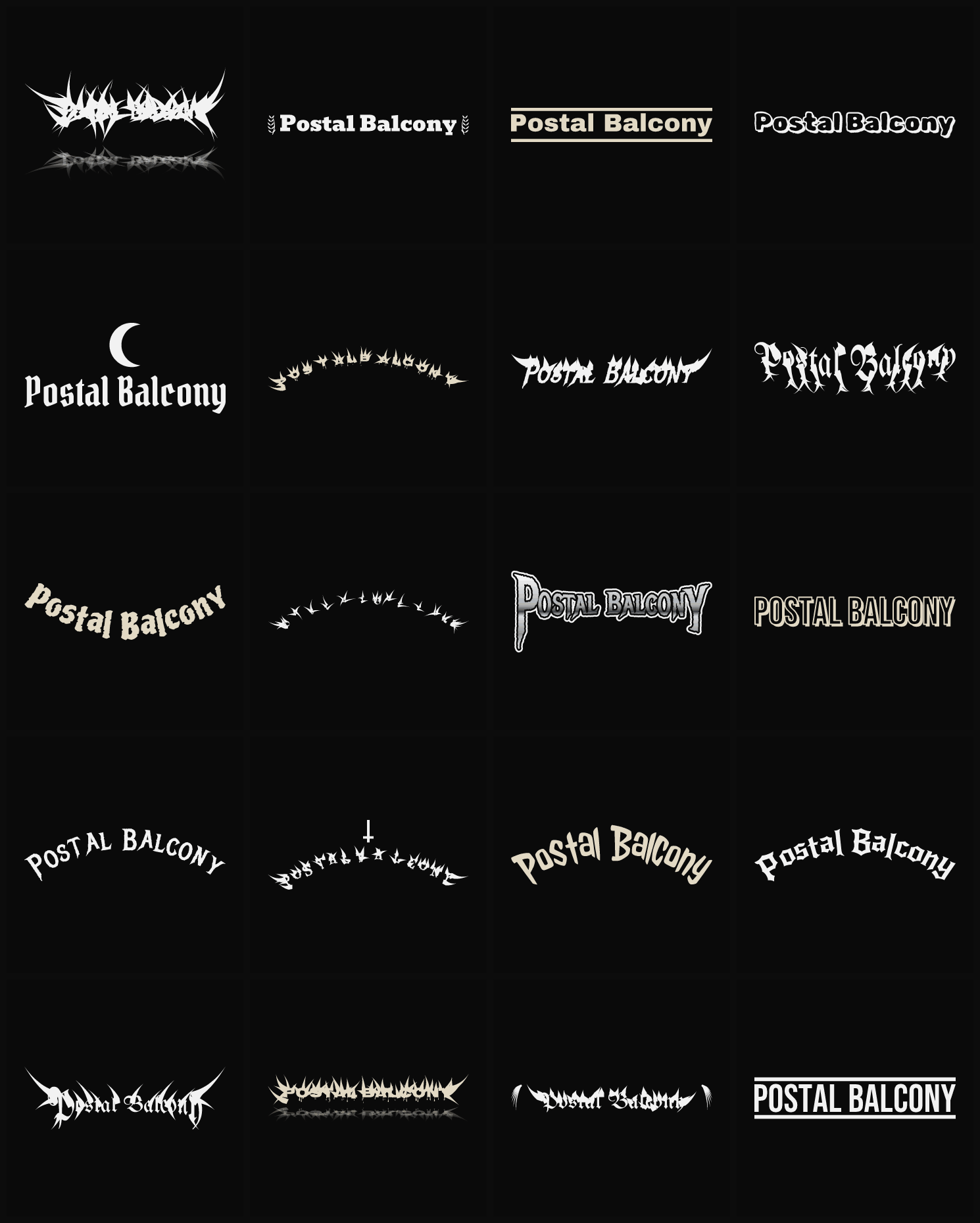 Twenty Postal Balcony band logo ideas — different faces, treatments and spike settings