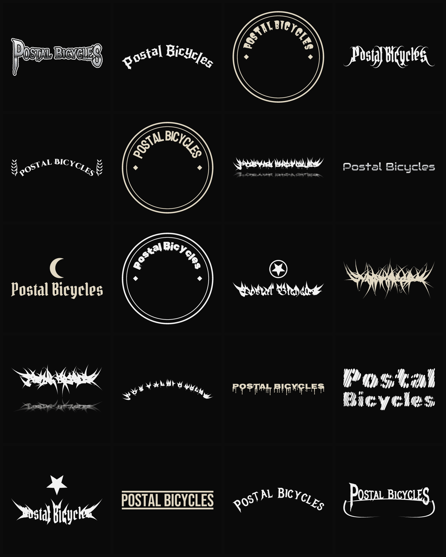 Twenty Postal Bicycles band logo ideas — different faces, treatments and spike settings