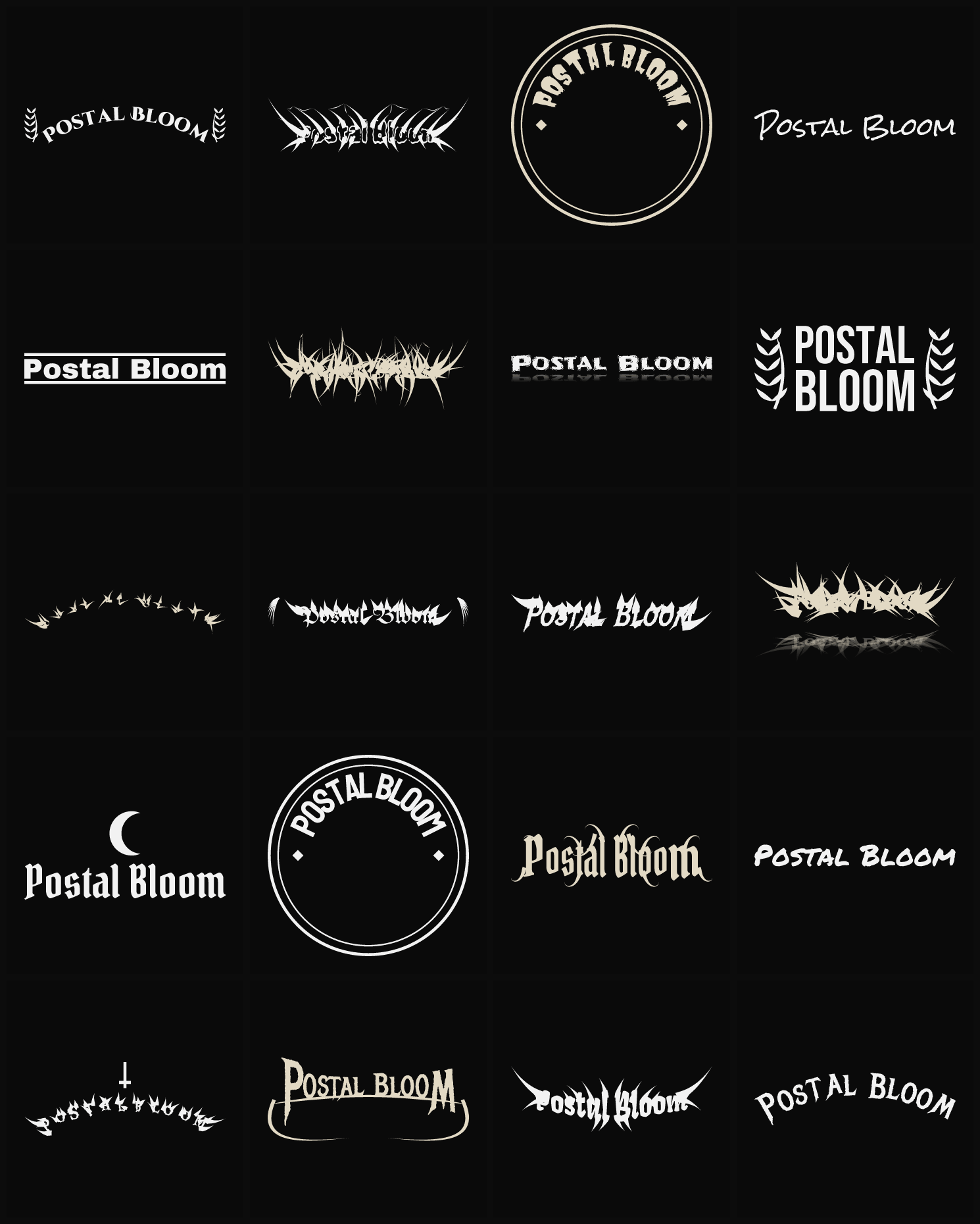Twenty Postal Bloom band logo ideas — different faces, treatments and spike settings
