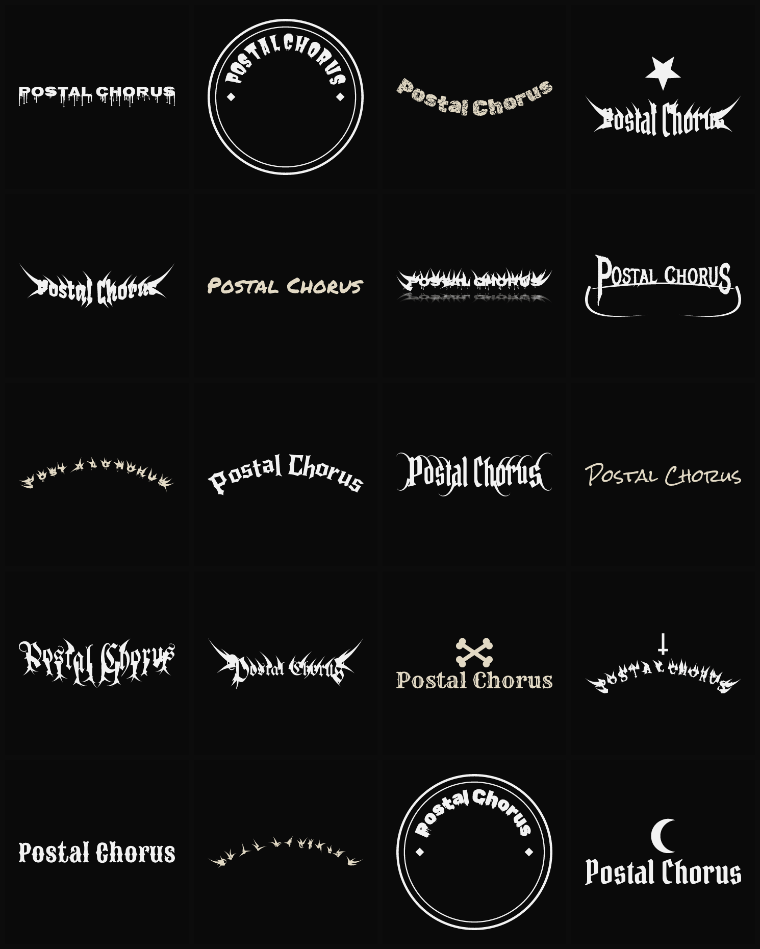 Twenty Postal Chorus band logo ideas — different faces, treatments and spike settings