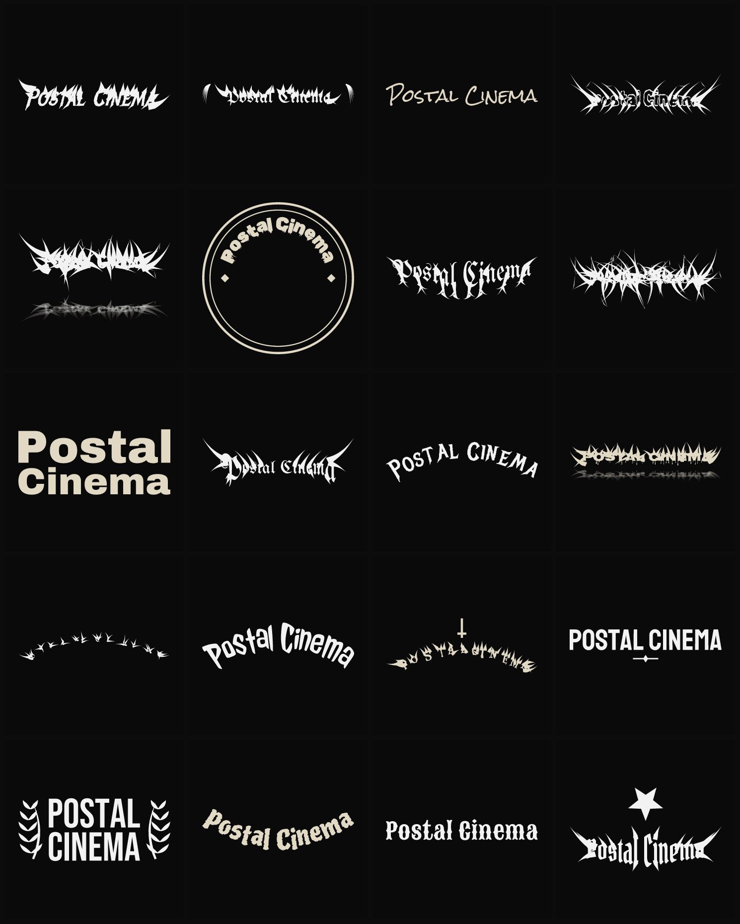 Twenty Postal Cinema band logo ideas — different faces, treatments and spike settings