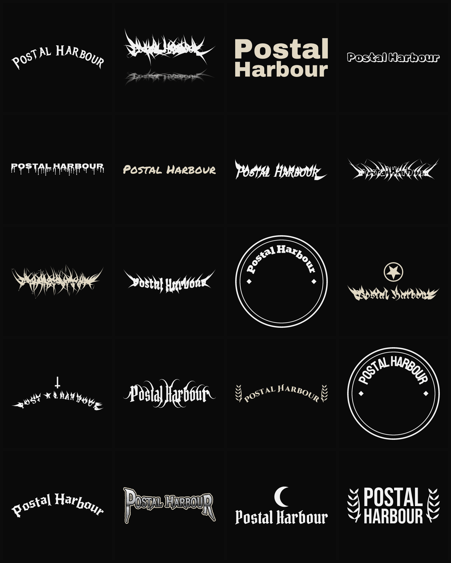 Twenty Postal Harbour band logo ideas — different faces, treatments and spike settings