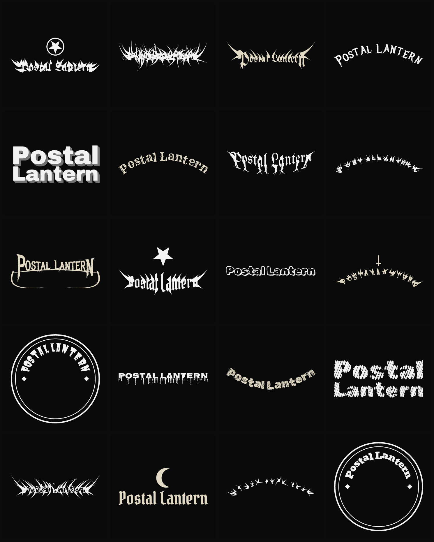 Twenty Postal Lantern band logo ideas — different faces, treatments and spike settings