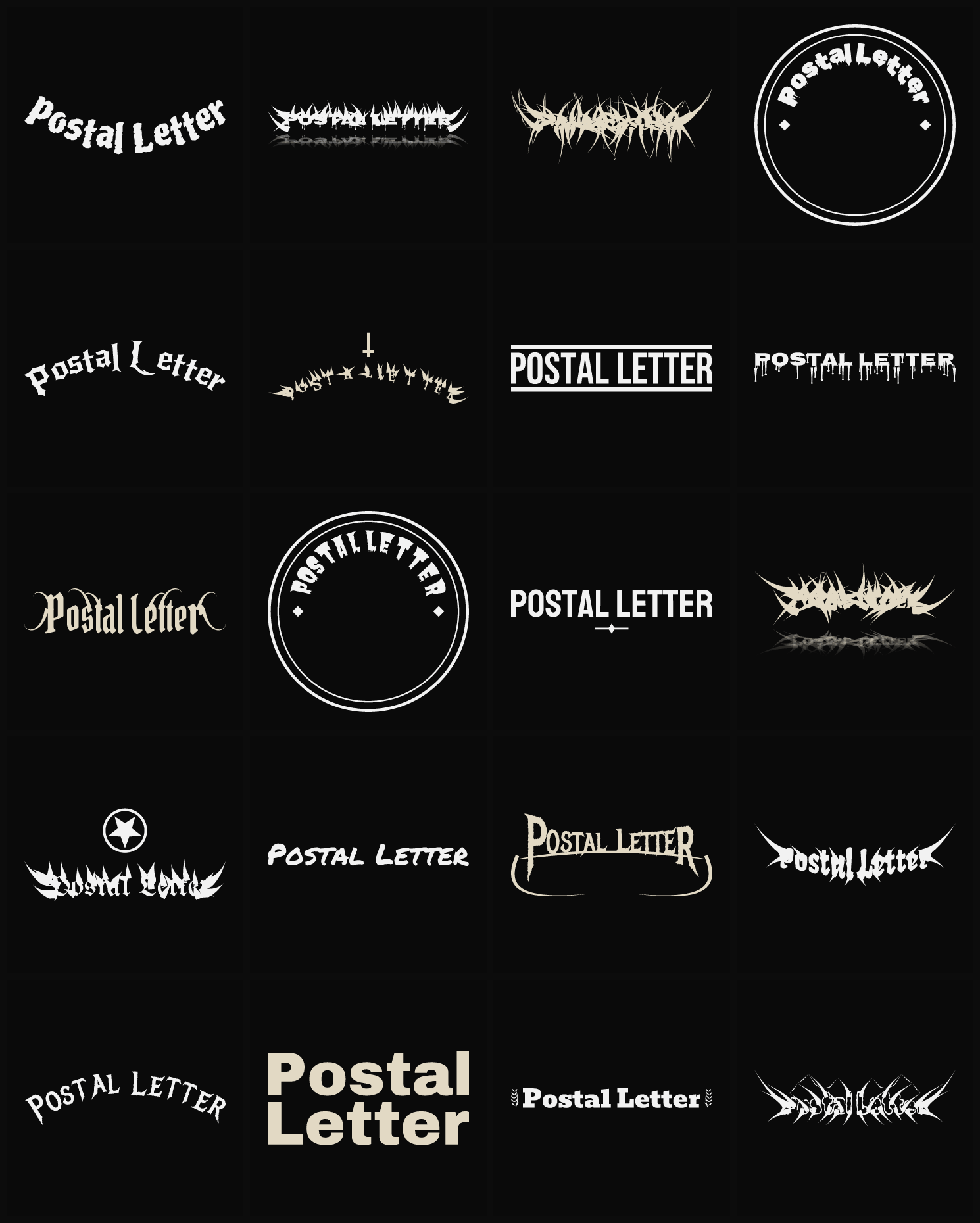 Twenty Postal Letter band logo ideas — different faces, treatments and spike settings
