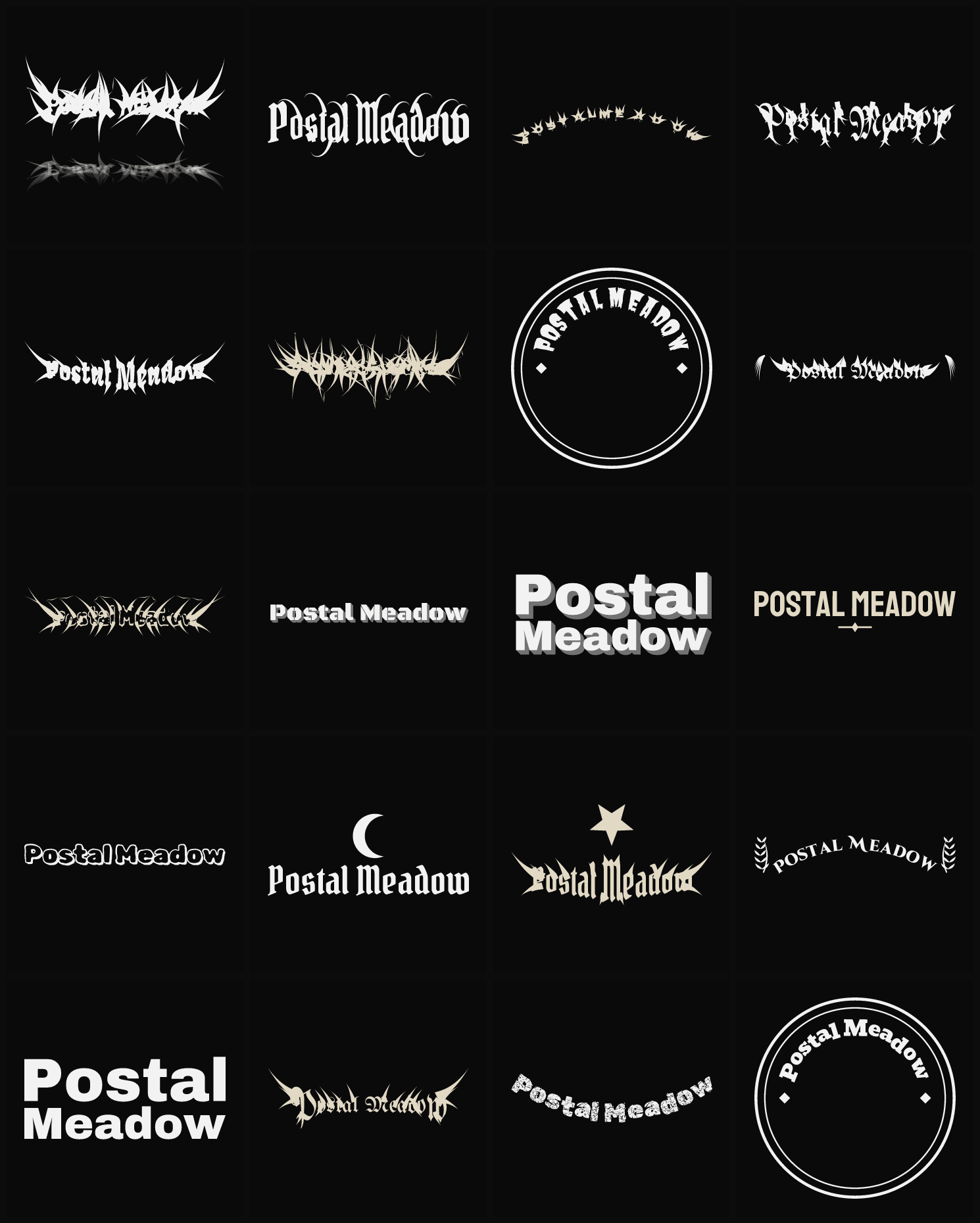 Twenty Postal Meadow band logo ideas — different faces, treatments and spike settings