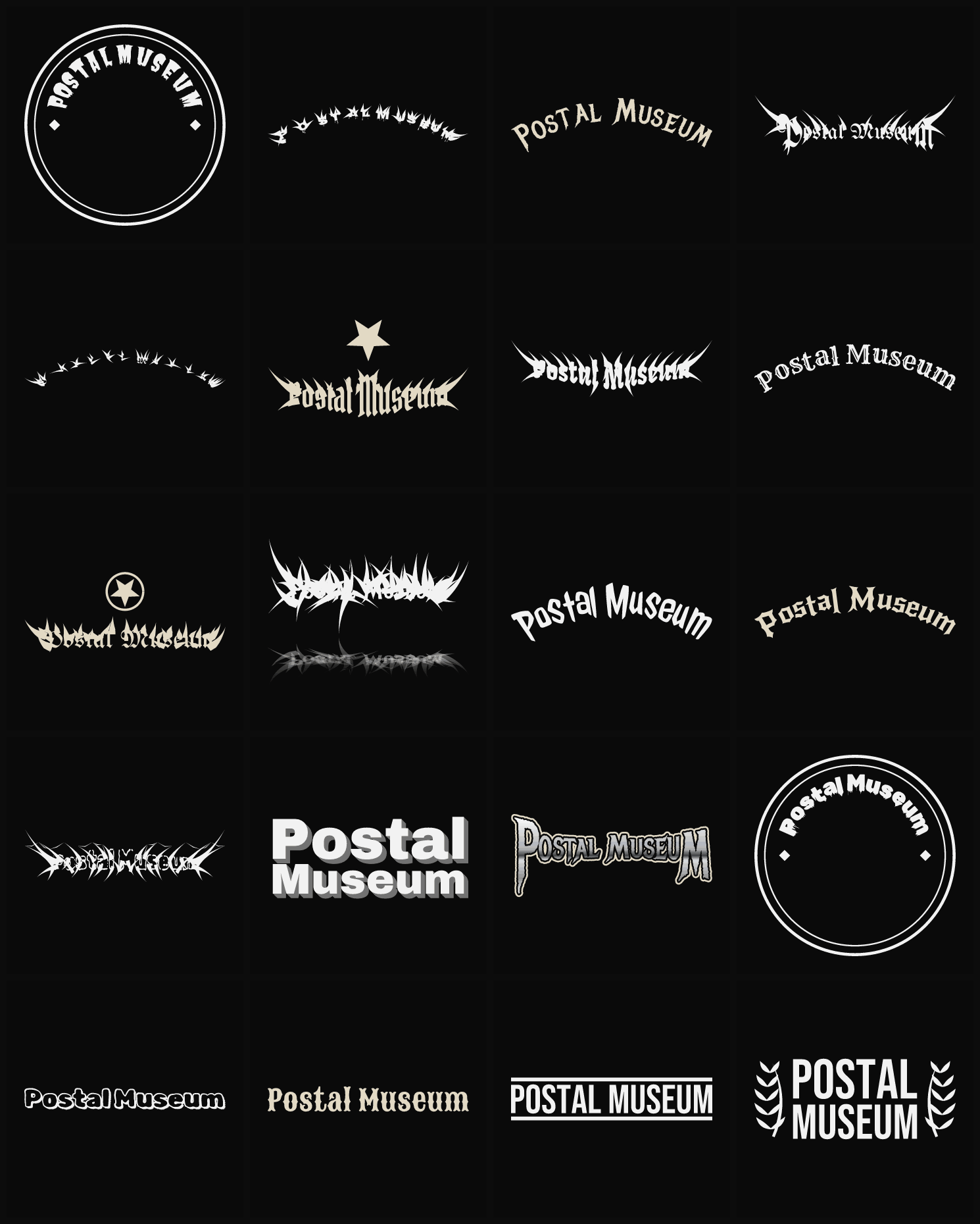 Twenty Postal Museum band logo ideas — different faces, treatments and spike settings