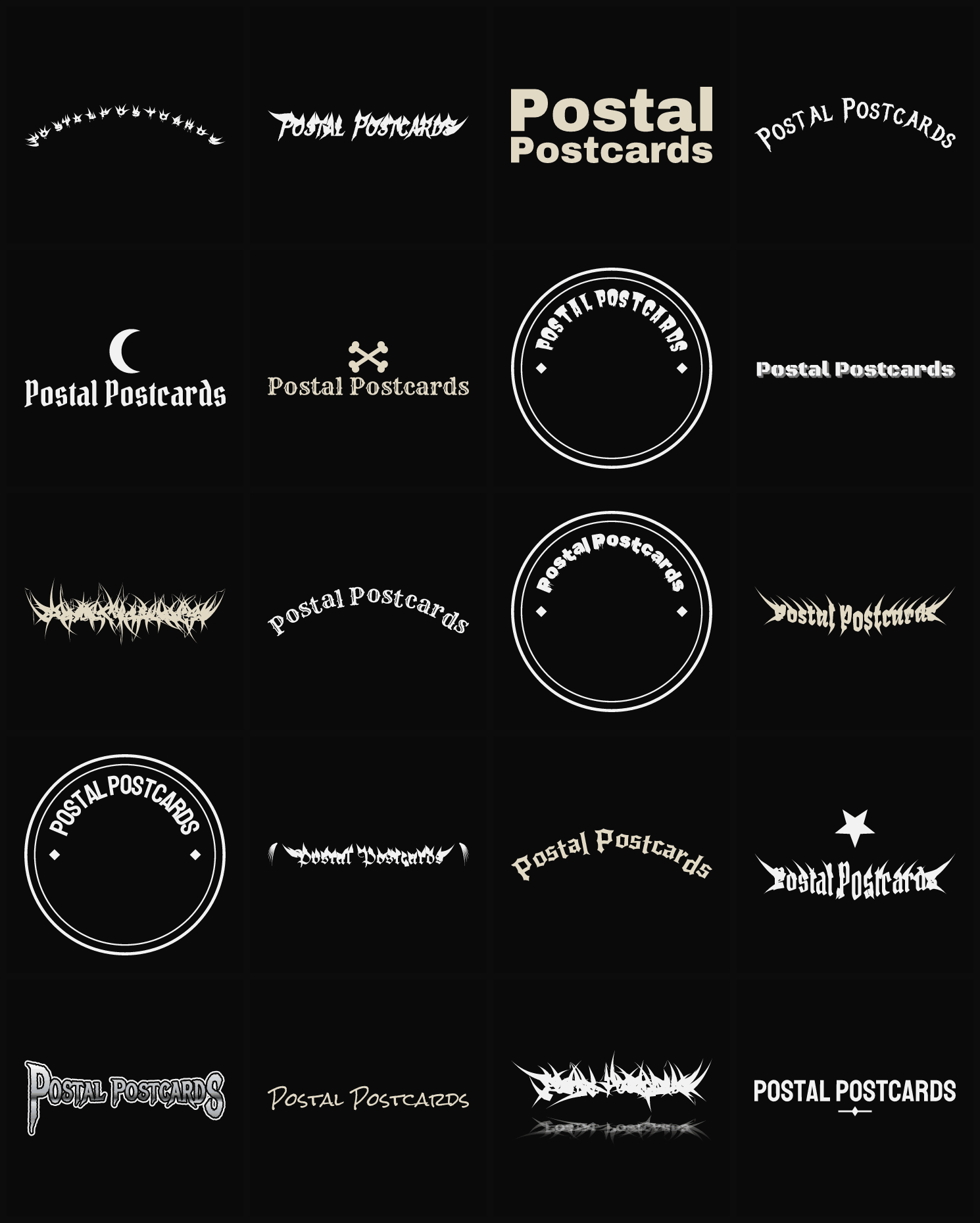 Twenty Postal Postcards band logo ideas — different faces, treatments and spike settings