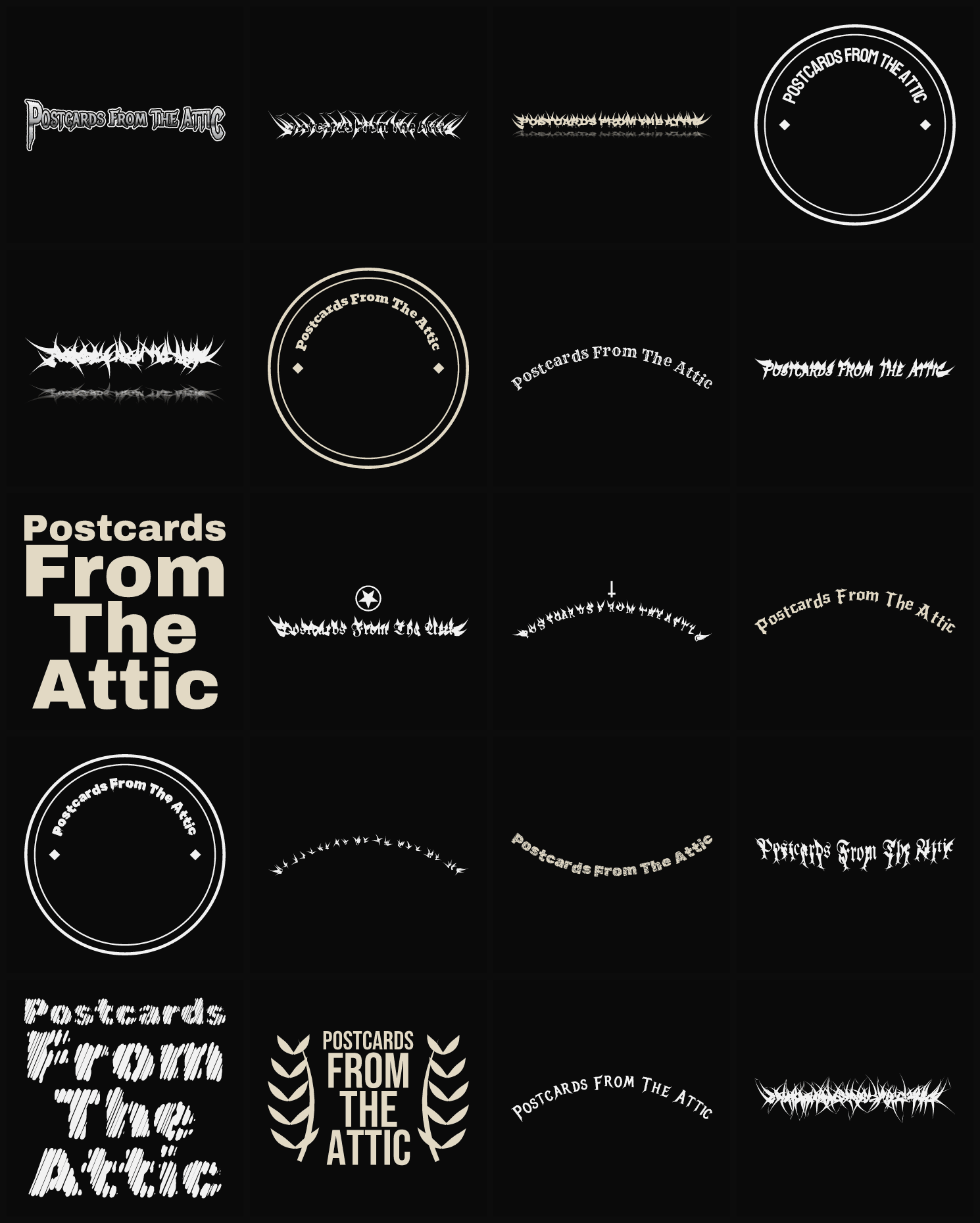 Twenty Postcards From The Attic band logo ideas — different faces, treatments and spike settings