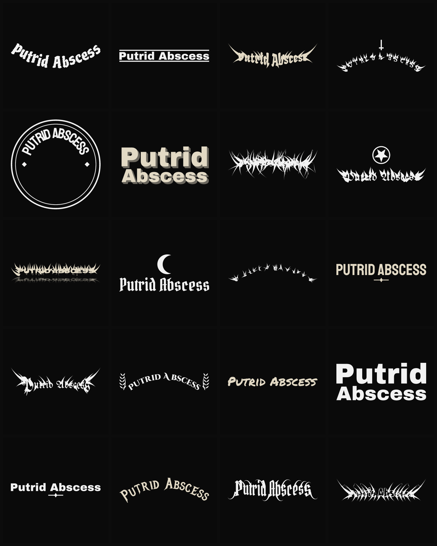 Twenty Putrid Abscess band logo ideas — different faces, treatments and spike settings