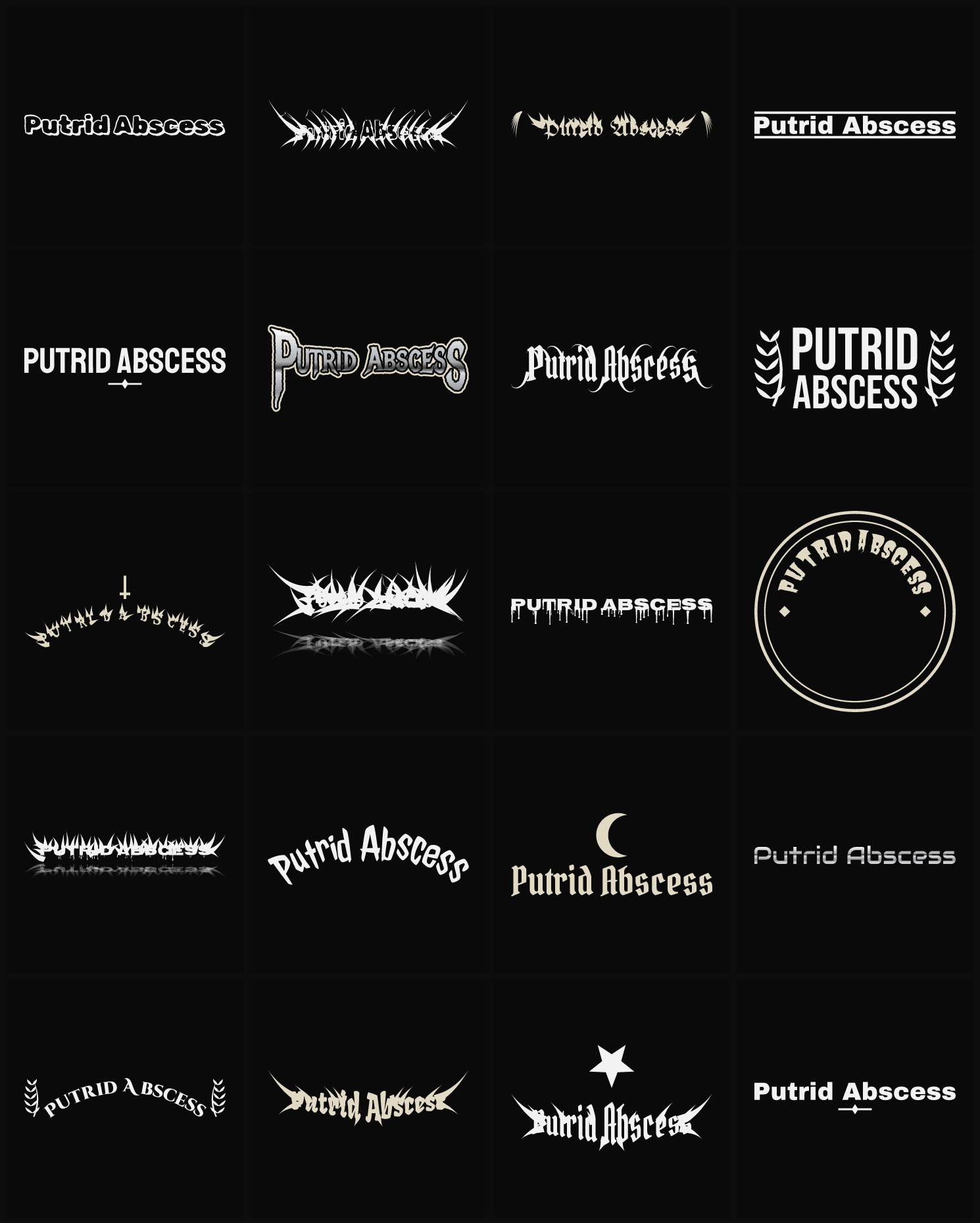 Twenty Putrid Abscess band logo ideas — different faces, treatments and spike settings