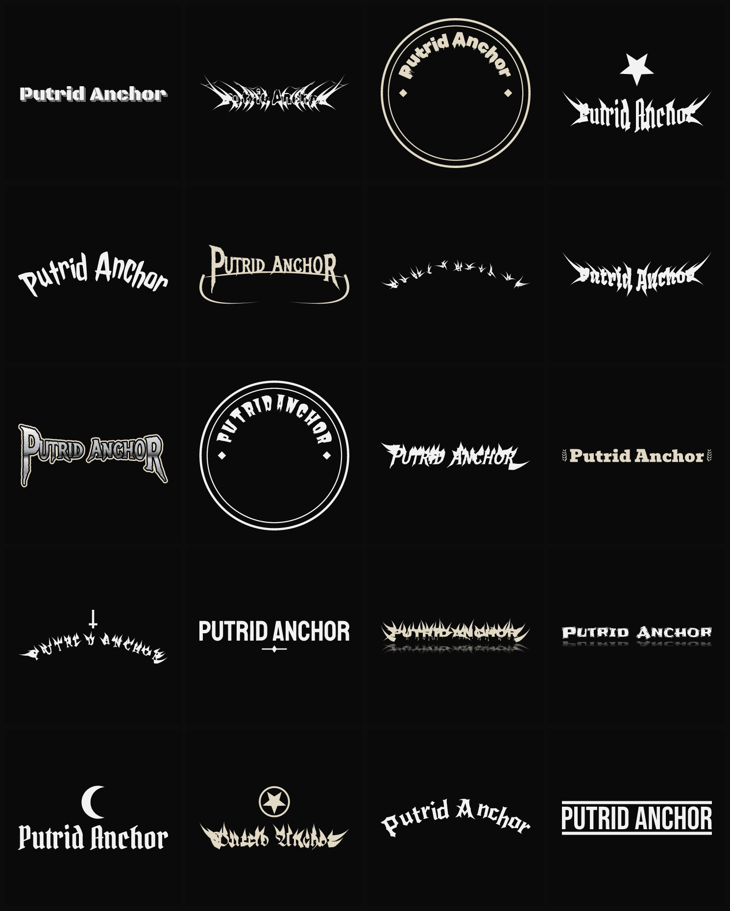 Twenty Putrid Anchor band logo ideas — different faces, treatments and spike settings