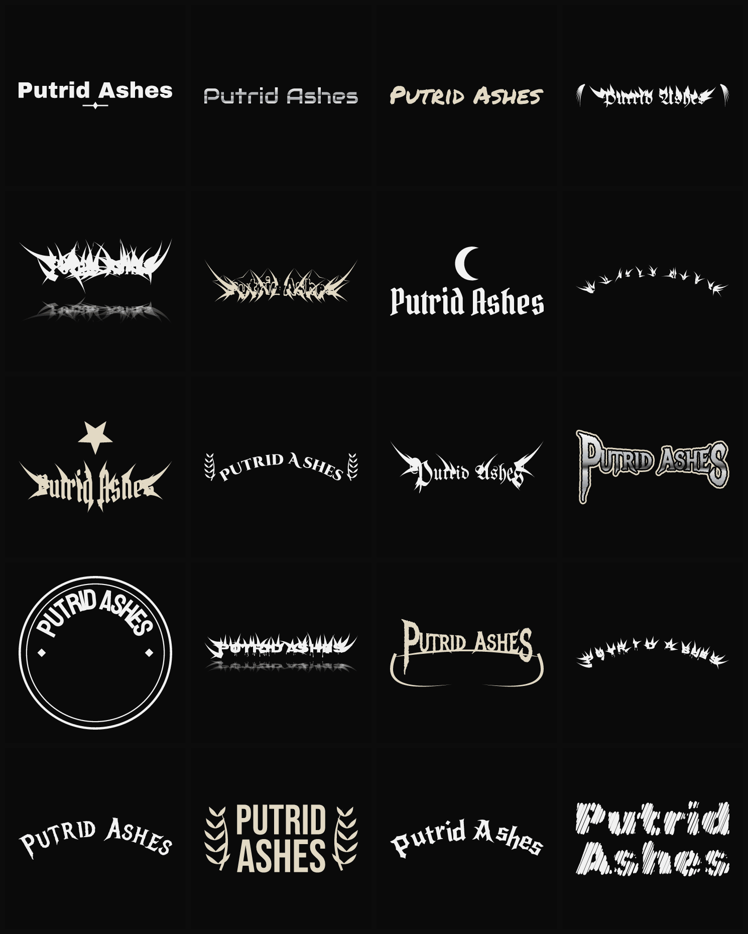 Twenty Putrid Ashes band logo ideas — different faces, treatments and spike settings